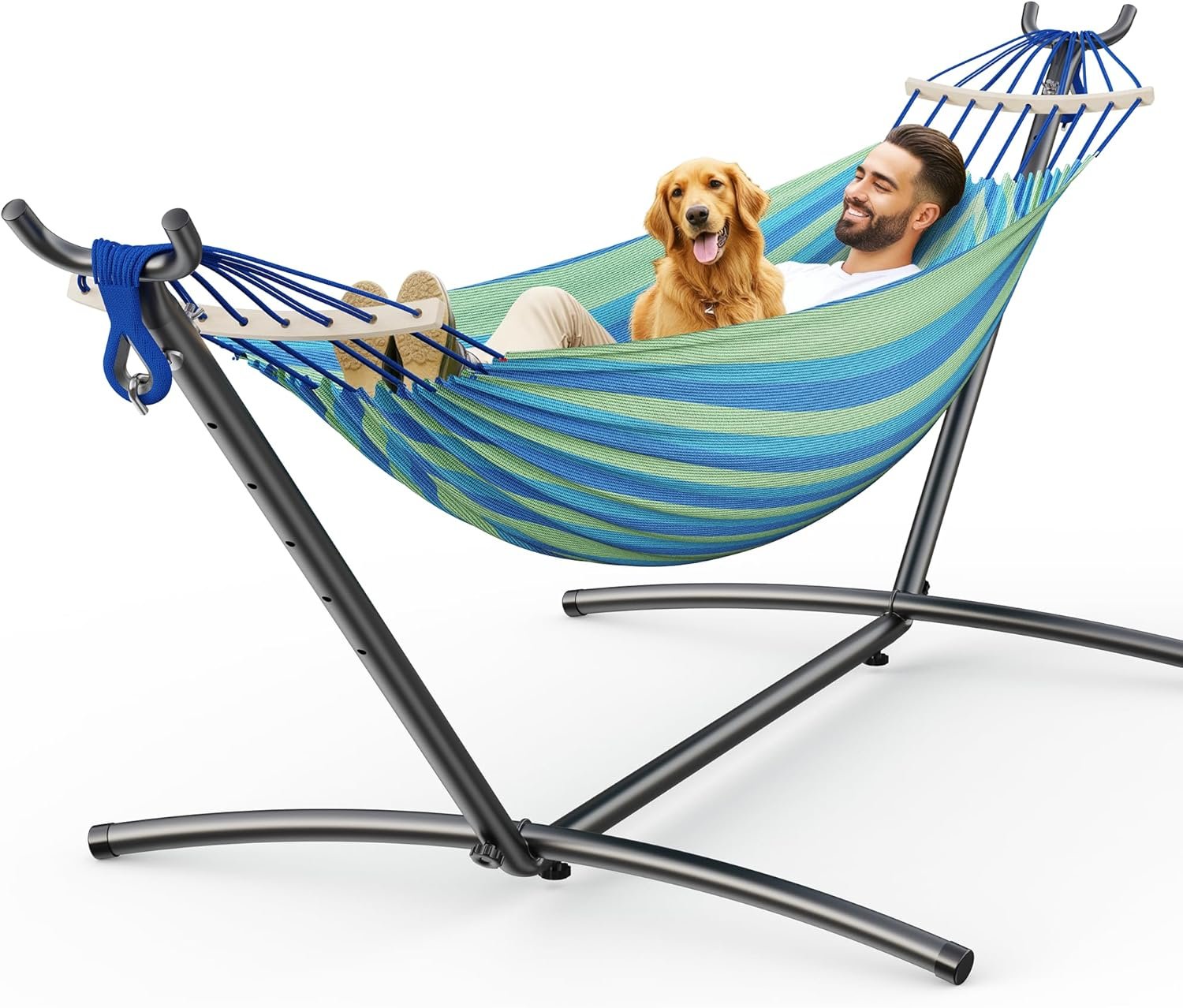 ANAGOO Double Hammock with Stand, 2 Person Hammock with Anti-Rollover Spreader Bar, Adjustable Height Heavy Duty Steel Stand, 500LB Capacity Portable Hammock for Patio Backyard Camping, Wide Blue