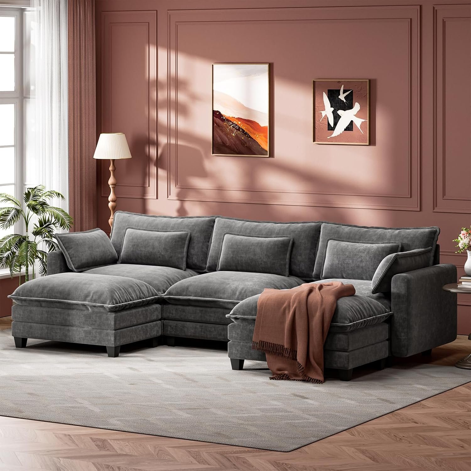 Marsail Modular Sectional Sofa 110.6″ U-Shaped Modern Comfy Cloud Couch, 5-Seat Chenille Deep Seat Sofa with Throw Pillow & Movable Ottoman for Living Room, Bedroom and Apartment, Slate Gray