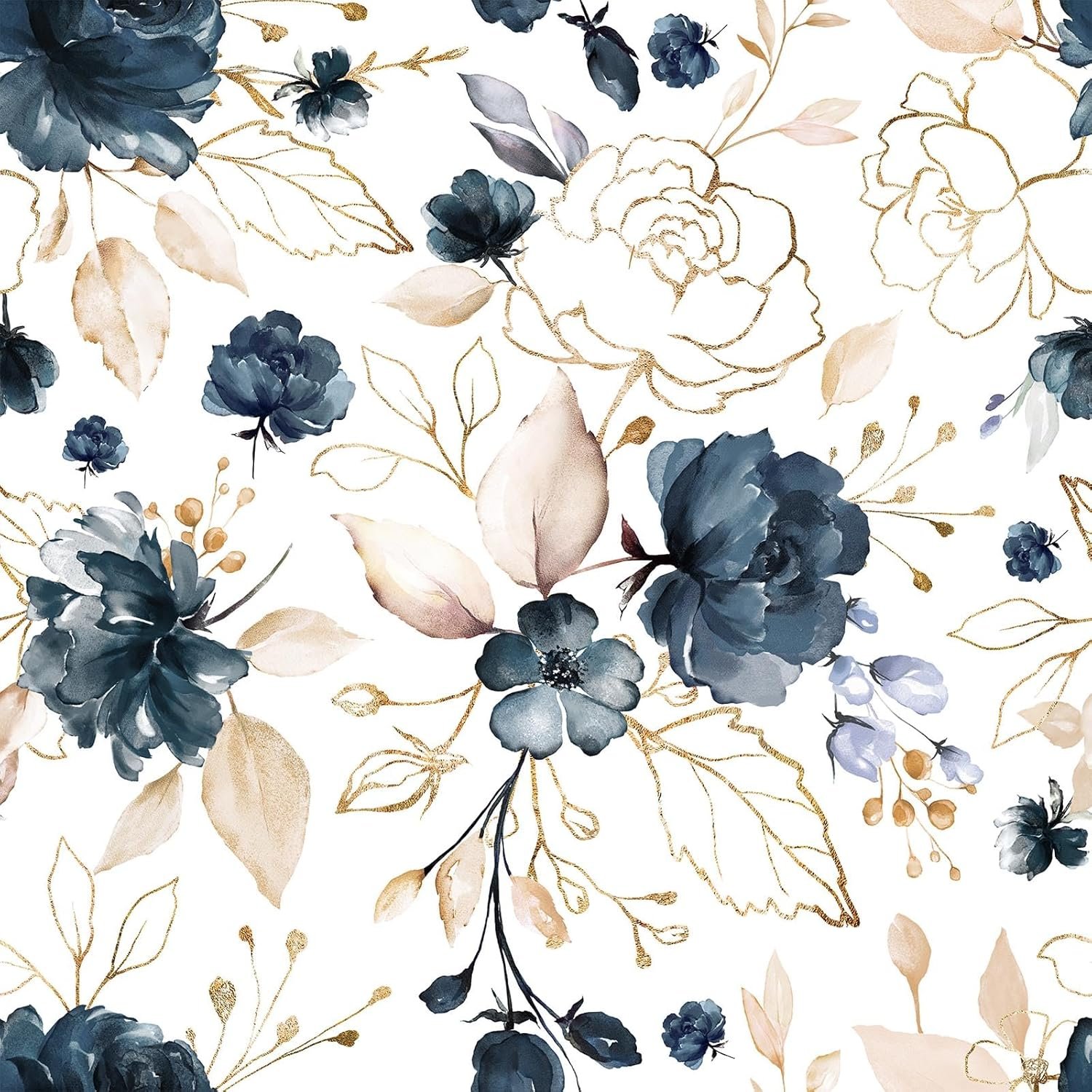 Navy Blue Floral Peel and Stick Wallpaper 17.7″x118″ | Removable thick vinyl, watercolor botanical design, laundry room, bedroom, bathroom, renter friendly accent walls