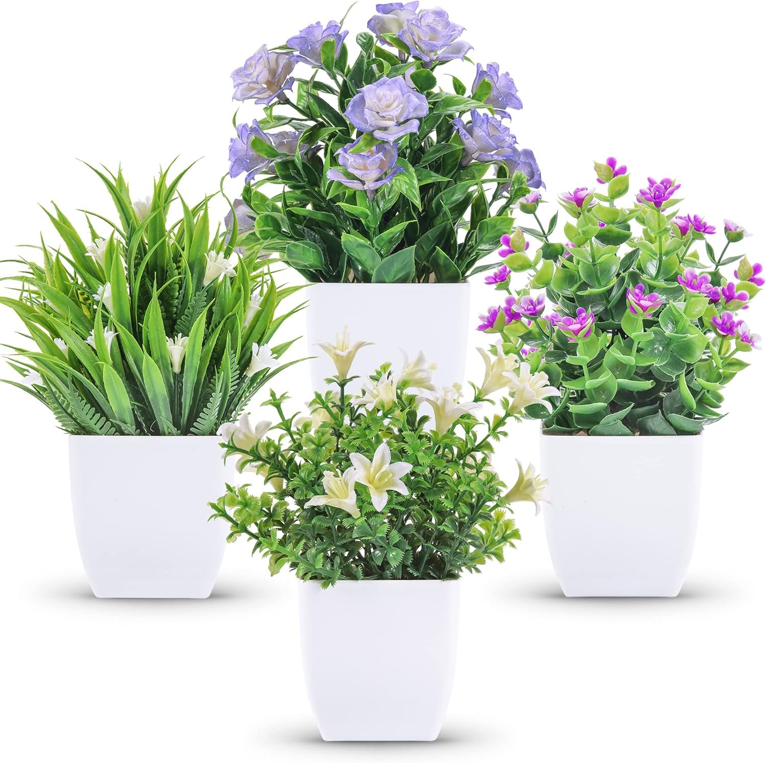 Der Rose 4 Pack Small Fake Plants with Flowers, Spring Home Bathroom Decor | UV-resistant artificial flowers, varied spring flower styles, for desk shelf bathroom kitchen farmhouse and classroom decor