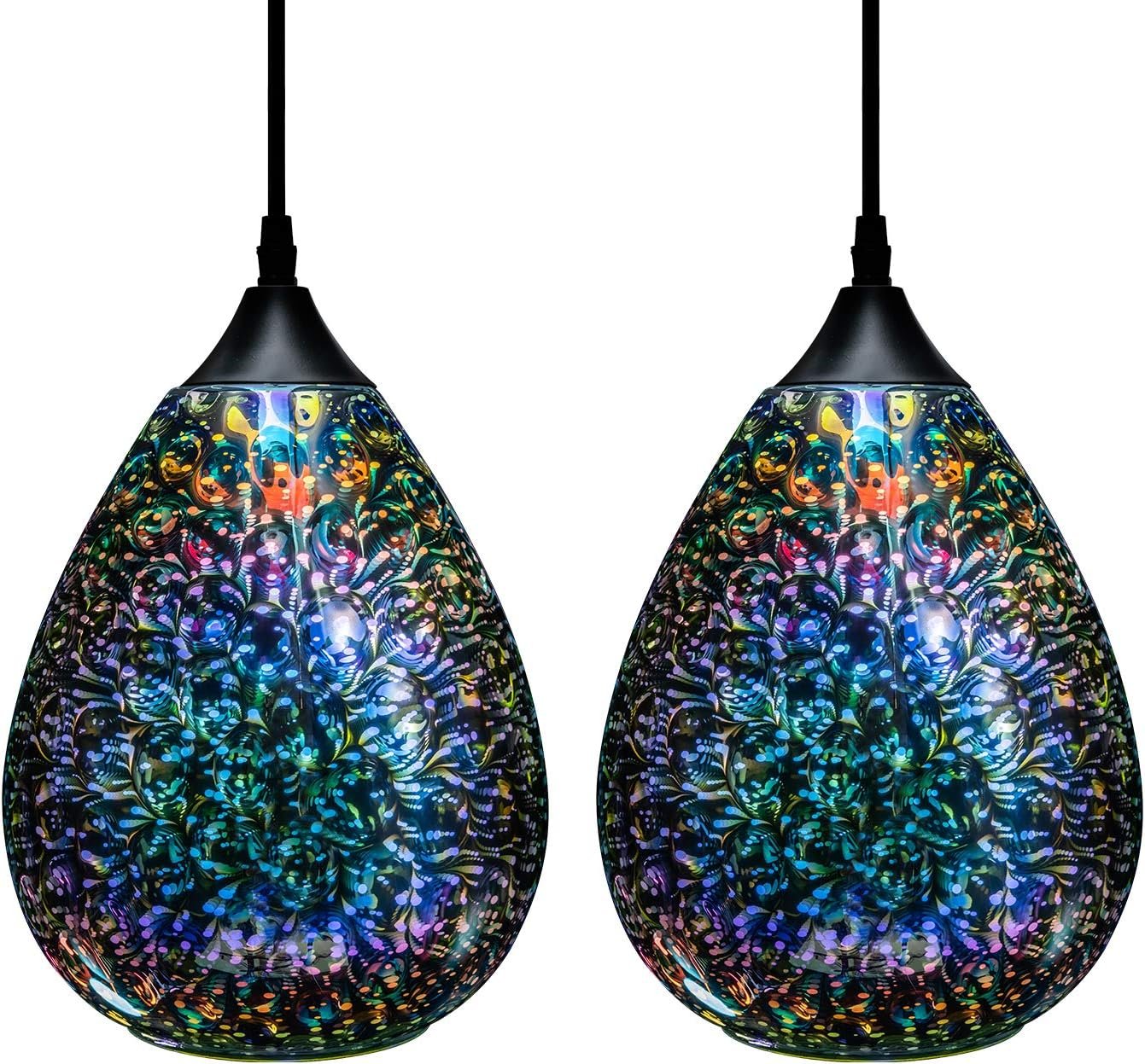 Yisuro Modern 3D Pendant Lights Kitchen Island 2 Pack, Farmhouse Colorful Glass Pendant Light with Clear Globe Shade, Kitchen Island Lighting for Dining Room Entryway, 7.8-inch Diameter