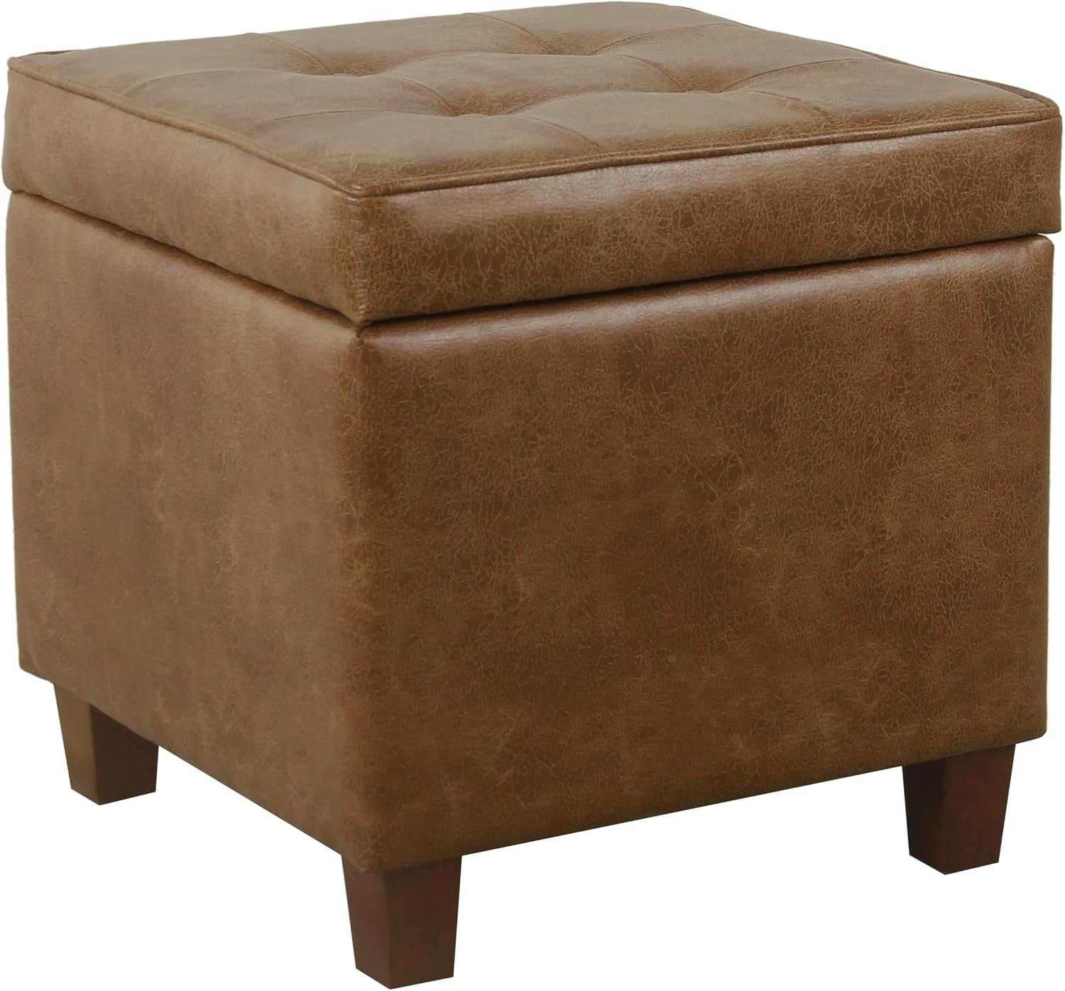 HomePop Square Tufted Storage Ottoman – Distressed Brown Faux Leather Small