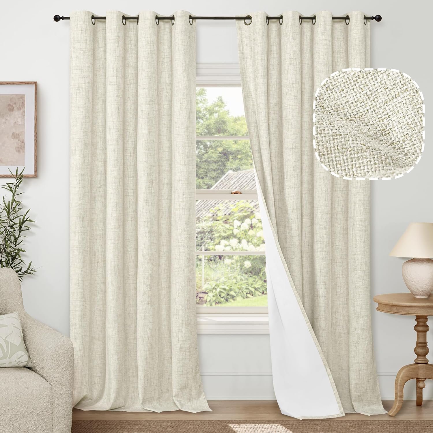 Blackout Curtains for Bedroom – Linen Black Out Curtains 84 Inch Long Thermal Insulated Burlap Grommet Window Drapes for Farmhouse Living Room Darkening, 2 Panels, Each 52″ Wide, Natural Cream