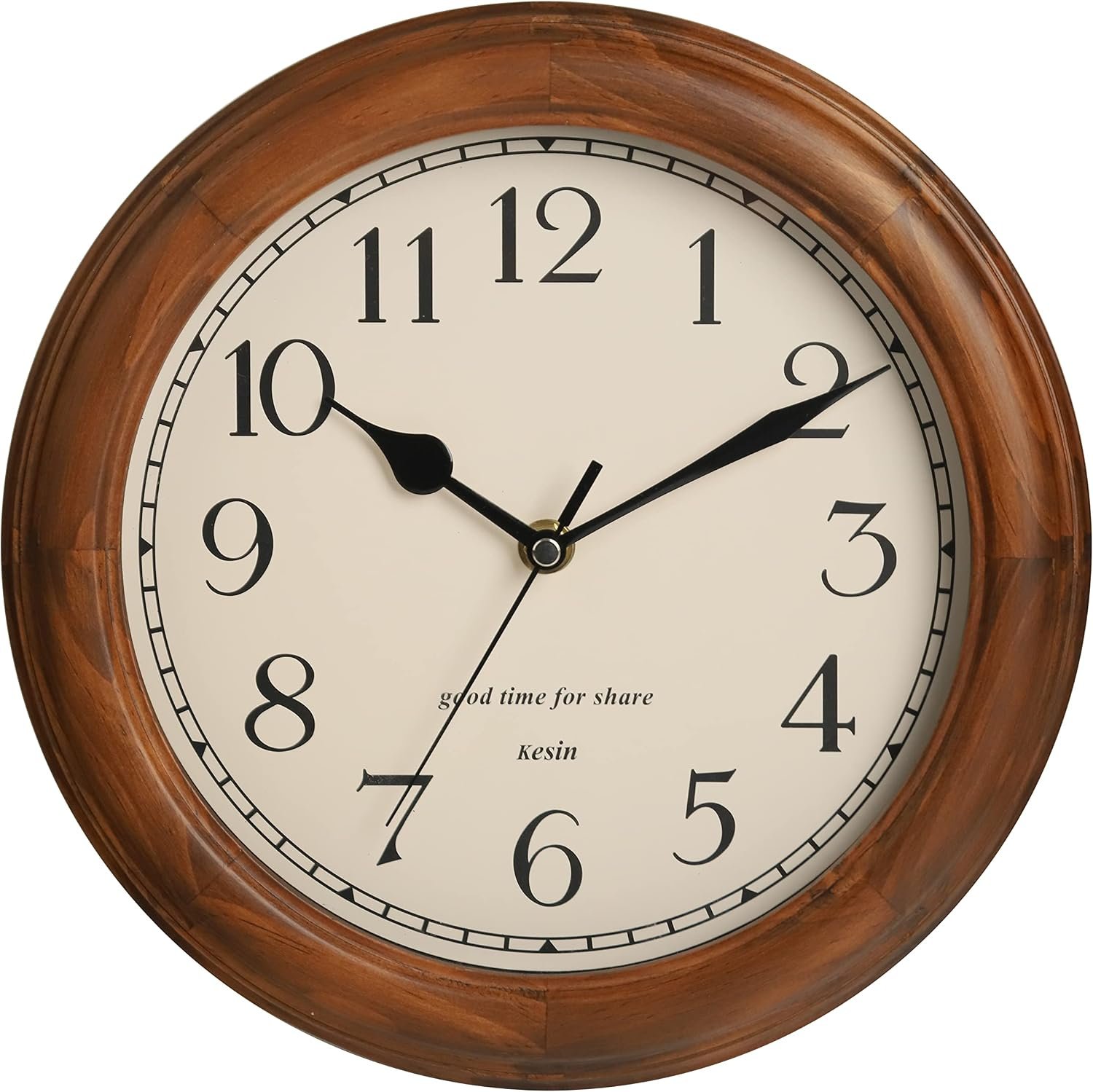 Kesin Wooden wall Clock with Retro Design, 11 Inches Round Wall Clocks | Battery Operated Silent Non-Ticking, Big Arabic Numerals, for Kitchen Living Room Classroom Gym and Pool, Brown
