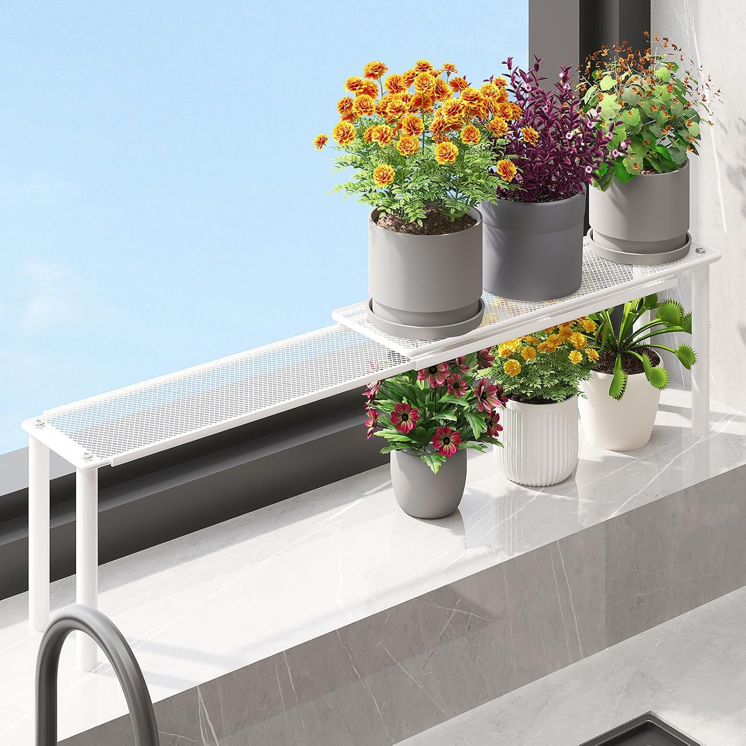 Expandable Window Shelf for Plants Kitchen Sink Organizer,White | 1 Pack, Narrow Shelves, Kitchen Countertop Holder, Mesh Design, Slim Design, Load Capacity: 22 lbs, Elegant look