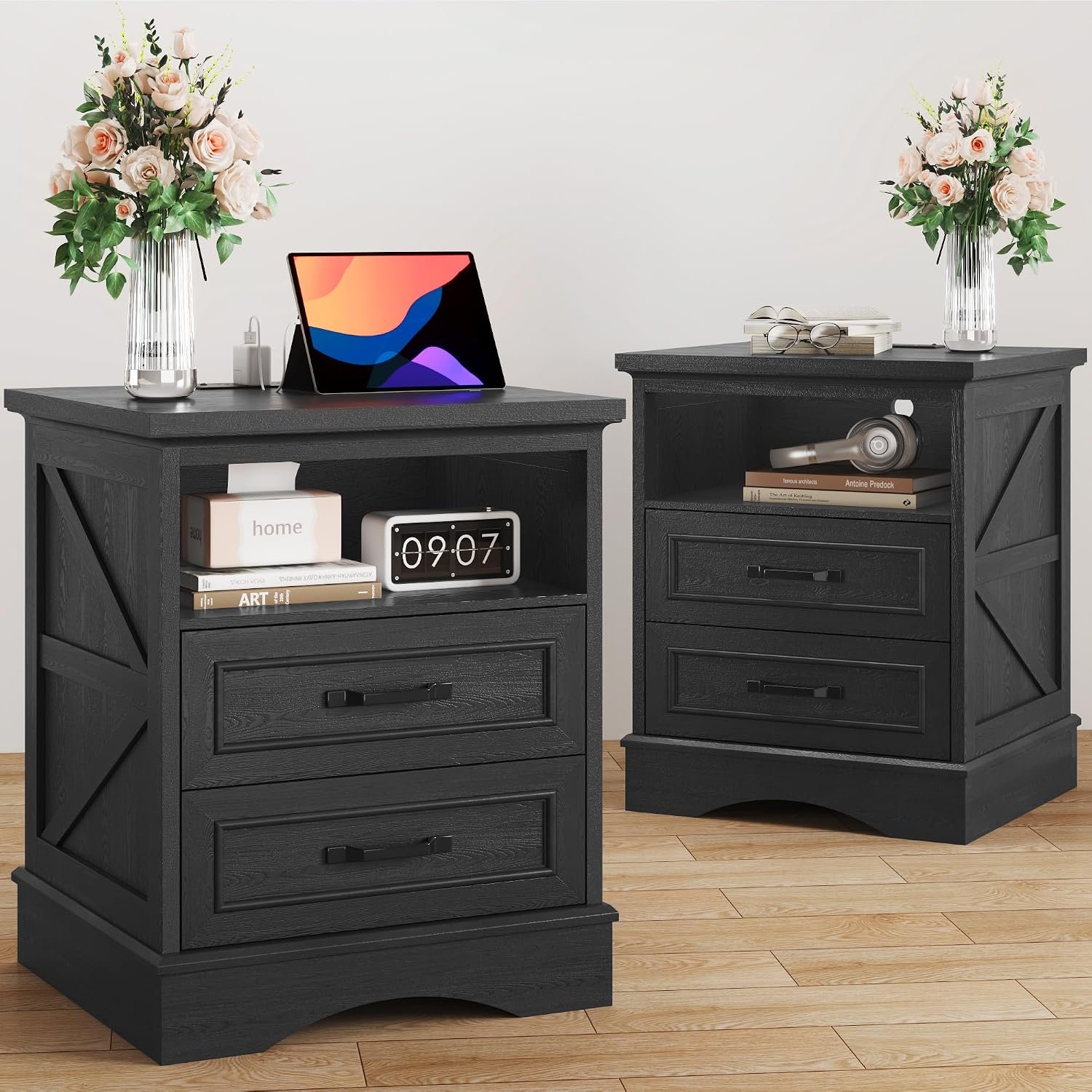 Fluest 24″ Tall Farmhouse Nightstands Set of 2, Night Stands with Fast Charging Station, Beside Tables with Drawers and Open Storage, Rustic End Tables for Bedroom, Antique Black