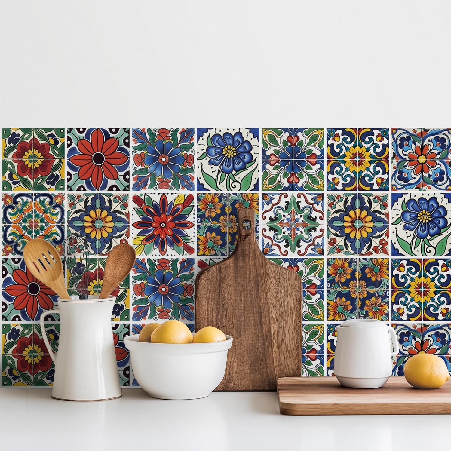 30 Pcs Mediterranean Style Peel and Stick Wall Tile Decals – Waterproof Vinyl Stickers for Kitchen Backsplash, Bathroom, Stair Riser Decor – Spanish Floral Pattern – 4×4 Inch