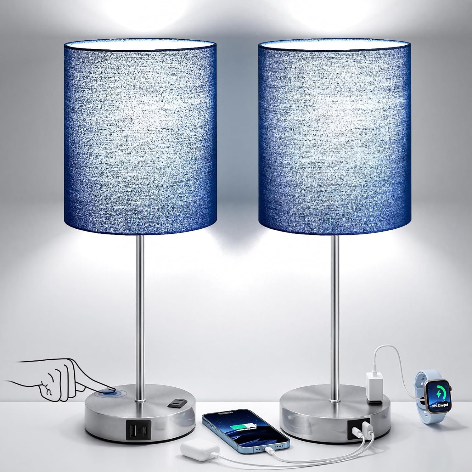 Touch Lamps for Bedroom Set of 2 – Dimmable, USB C+A, AC Outlet | Large 17.6″ Tall Lamp, 3-Way Dimming, 5000K Daylight Bulbs, Navy Blue Lampshade Silver Base, Decor for Living Room, Boys, Men