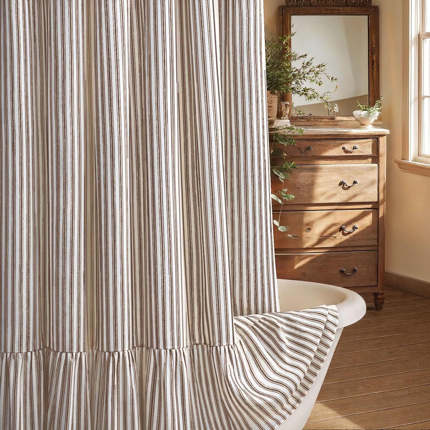 Farmhouse Shower Curtain with Ruffle Hem Linen Shower Curtains for Bathroom Country Vintage Rustic Natural Fabric, Cream-Brown Stripe 72″ W x 72″ L
