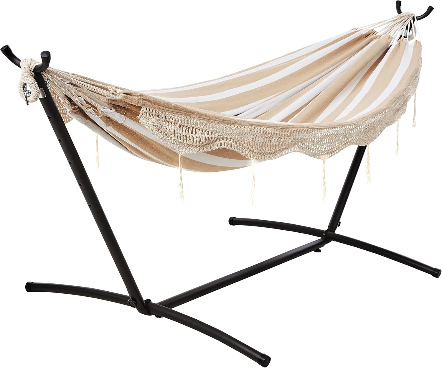 Amazon Basics Double Hammock with 9-Foot Space Saving Steel Stand and Carrying Case, 2 Person, 450 lb Capacity, Beige Stripe with Lace, 110″ x 47″ x 43″