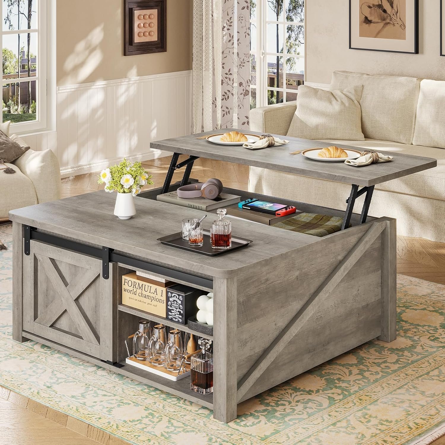 SEDETA 31.5″ Lift Top Coffee Table with Storage, Square Coffee Tables for Living Room, Farmhouse Coffee Table with Large Hidden Storage Compartment and Adjustable Shelves, Grey