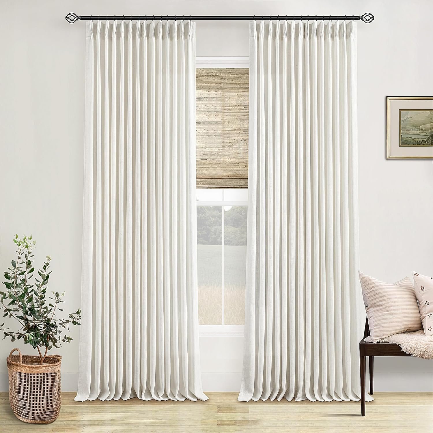 Pinch Pleated Linen Curtains 108 Inches Long Natural 2 Panels Set | Flax Cream Ivory, Double Pleated Drapes, Back Tab, Neutral Boho, Ceiling Floor, Window Curtains for Living Room Bedroom