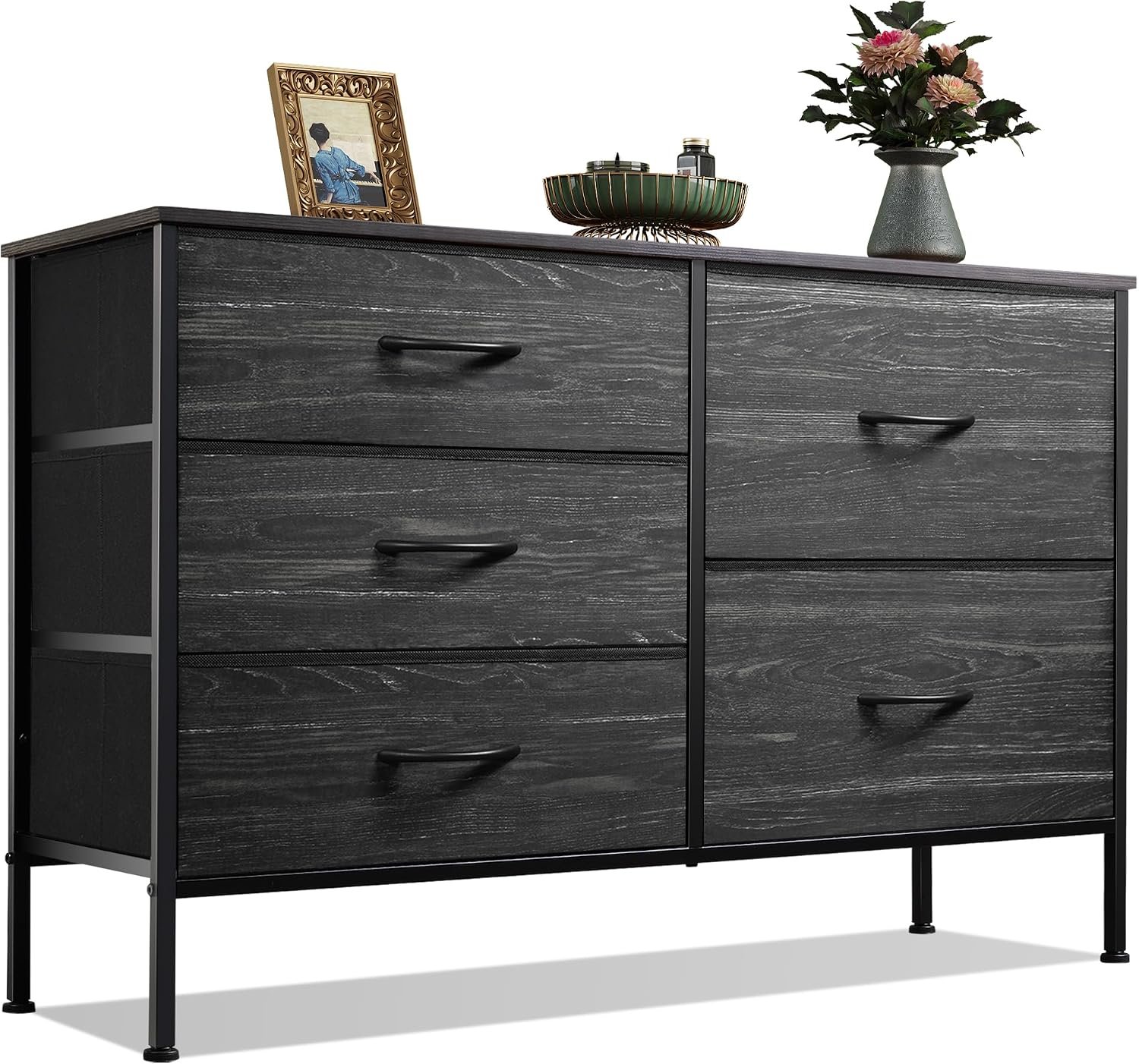 WLIVE Black Dresser for Bedroom, 5 Fabric Chest of Drawers | Black 5-drawer wide fabric dresser with steel frame, modern storage for bedroom living room home closet