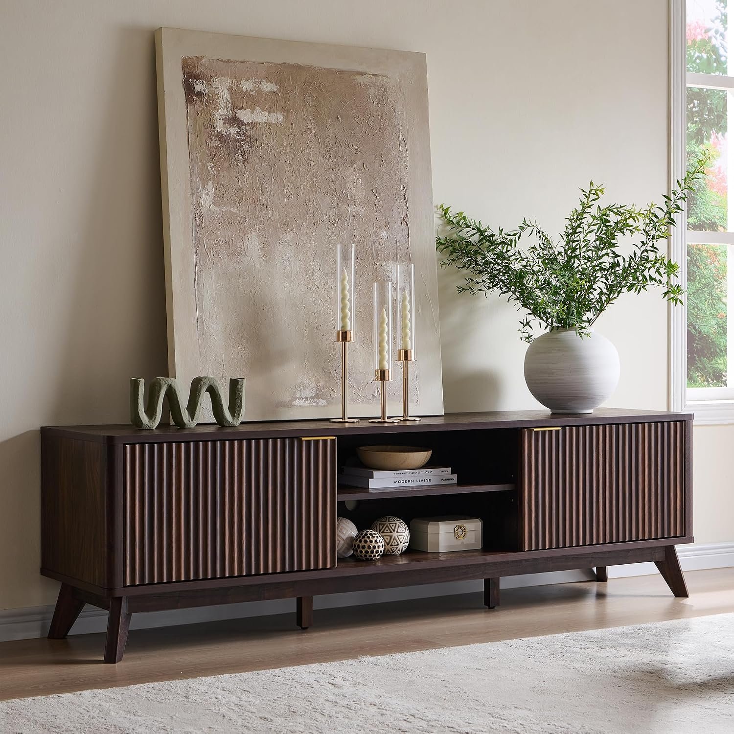 OKD 70″ Mid Century Modern Fluted TV Stand w/ 2 Soft Close Door,Dark Walnut | Entertainment Center, Sideboard, Media console for Living Room with Adjustable Shelves