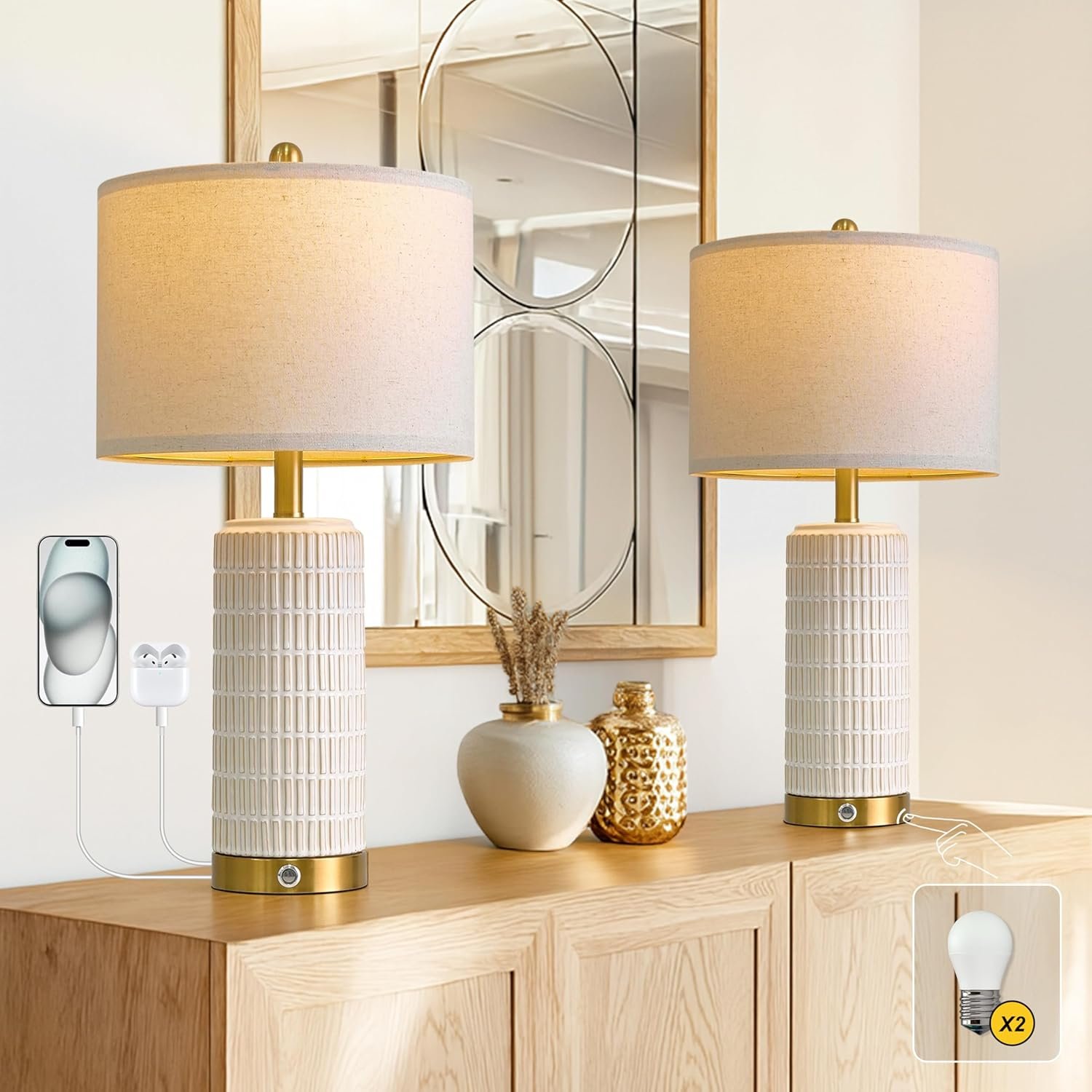 PoKat Touch Bedside Table Lamps with 2 USB for Bedroom Living Room, 25” | Nightstand lamps Set of 2, 3 way dimmable with 2 bulbs, durable white ceramic, farmhouse & modern style for side table
