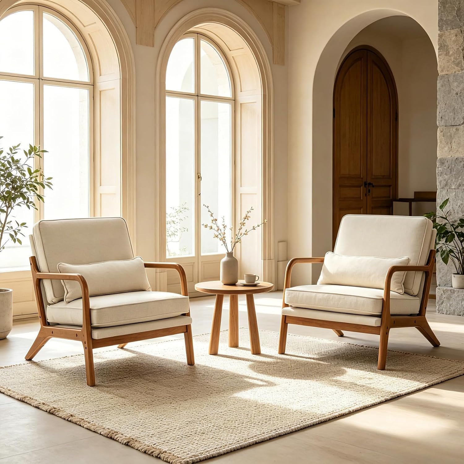 Karl home Mid-Century Accent Reading Chairs Set of 2, Beige | Linen Upholstered, Solid Wood Frame, Soft Cushion, Lumbar Pillow, Lounge Armchair for Living Room, Bedroom, Balcony, Study
