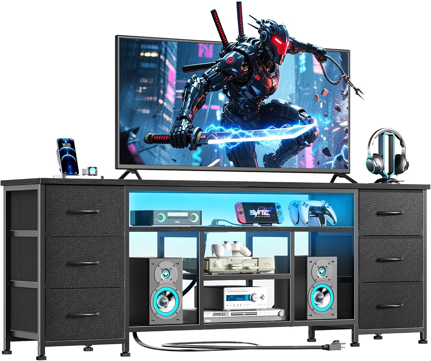 Furologee LED TV Stand for 65, 70 Inch TV, 63 Inch Entertainment Center with Power Outlets, 6 Fabric Drawers Dresser for Bedroom, Media Console with Open Shelves, PU Leather Surface, Black