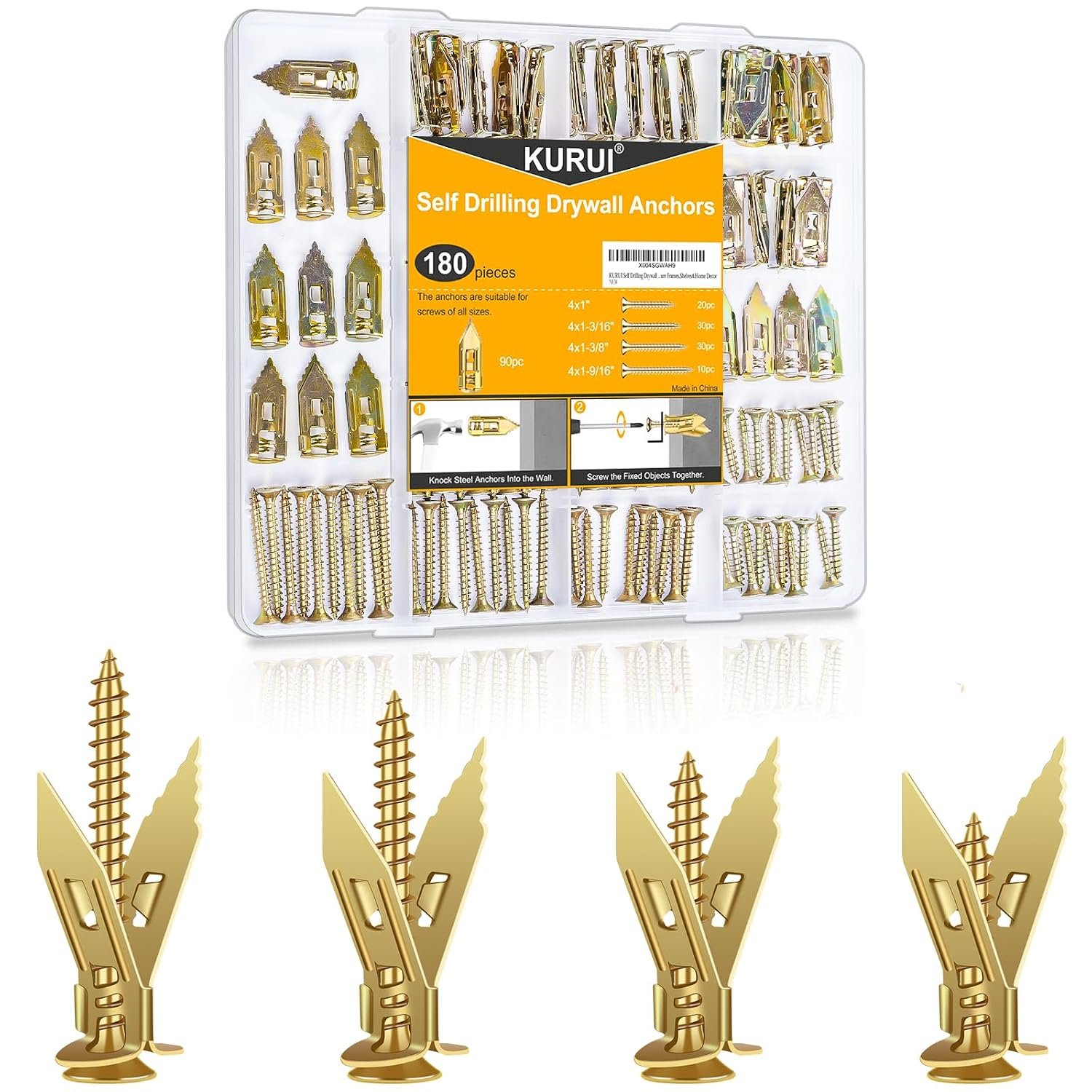 KURUI 180Pcs Self Drilling Drywall Anchors with Screws Kit, Fixion Tools Metal & Heavy Duty Grip for Wall, Sheetrock, Expansion Assorted Sizes for Picture Frames, Shelves &Home Decor
