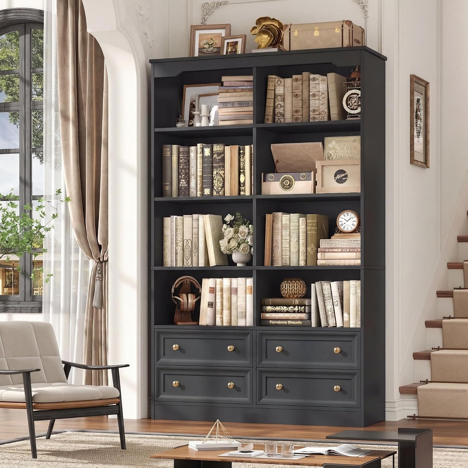 FINETONES 71″ Black Bookshelf with 4 Drawers, 6-Tier Double Wide Bookshelves and Bookcases with Storage, Tall Bookshelf Large Open Bookshelves Standing Book Cabinet for Home Office, Black