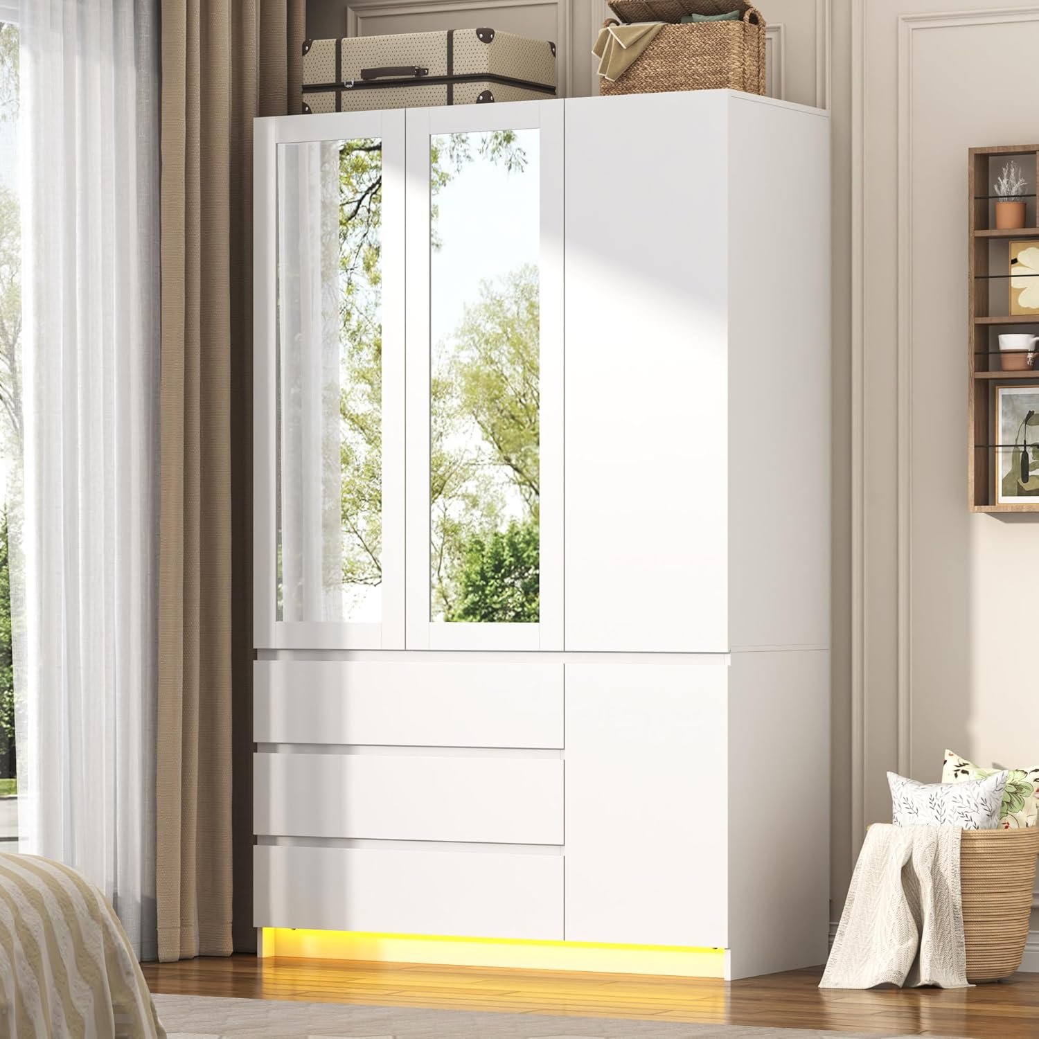 75″H Tall Modern 3 Doors Wooden Armoire Wardrobe Closet with 3 Drawers & 2 Mirror,Clothing Storage Cabinet with Hanging Rod,Bedroom Large Freestanding Armoires with Led Lights for Bedroom,White