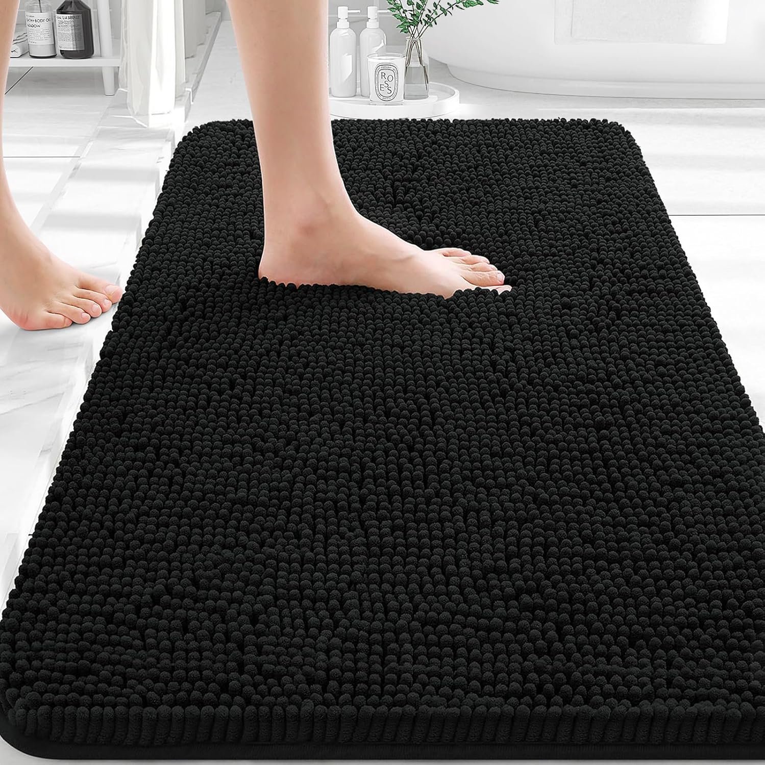 OLANLY Black Bathroom Rug 30×20, Extra Soft Absorbent Chenille Bath Rugs | Non-Slip Quick-Drying Rubber Backing, Machine Washable Plush Bath Mat for Floor, Tub and Shower, Home Decor Accessories