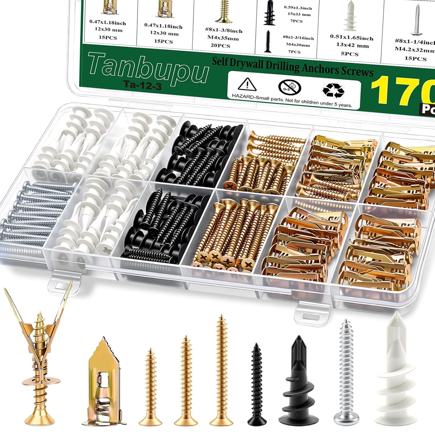 170pcs Self Drywall Drilling Anchors Screws, 55 Sets Drywall Grip Anchors and 60 Sets Heavy Duty Plastic Expansion Anchor, 2025 Upgraded Zinc Plated Steel Dry Wall Screws no Drilling Required