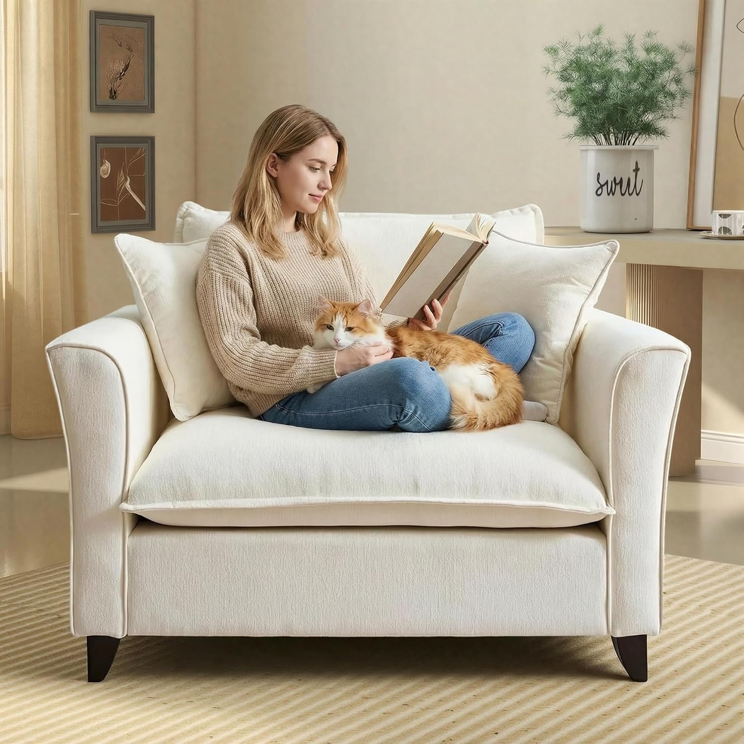 ERYE 46.9-Inch Chenille Upholstered Accent Chair Wide Seat for Living Room Bedroom, Modern Leisure Cushion Armchair W/ 2 Pillows and Removable Cover for Home Apartment Office