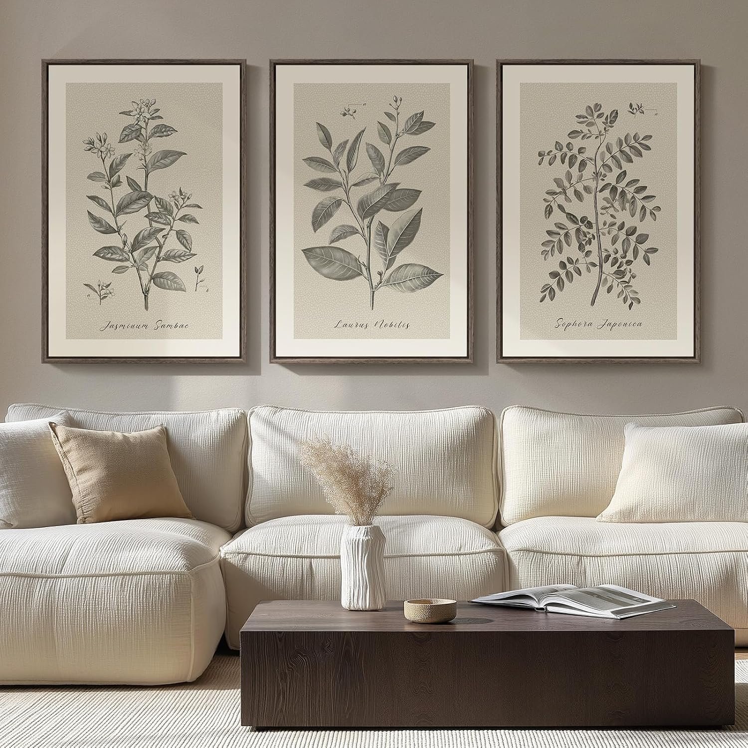 Large Framed 3 Piece Vintage Botanical Wall Art for Living Room, 20×30 In | Neutral plant artwork, Wood frame, Canvas prints, Farmhouse wall decor, Bedroom kitchen hallway office pictures