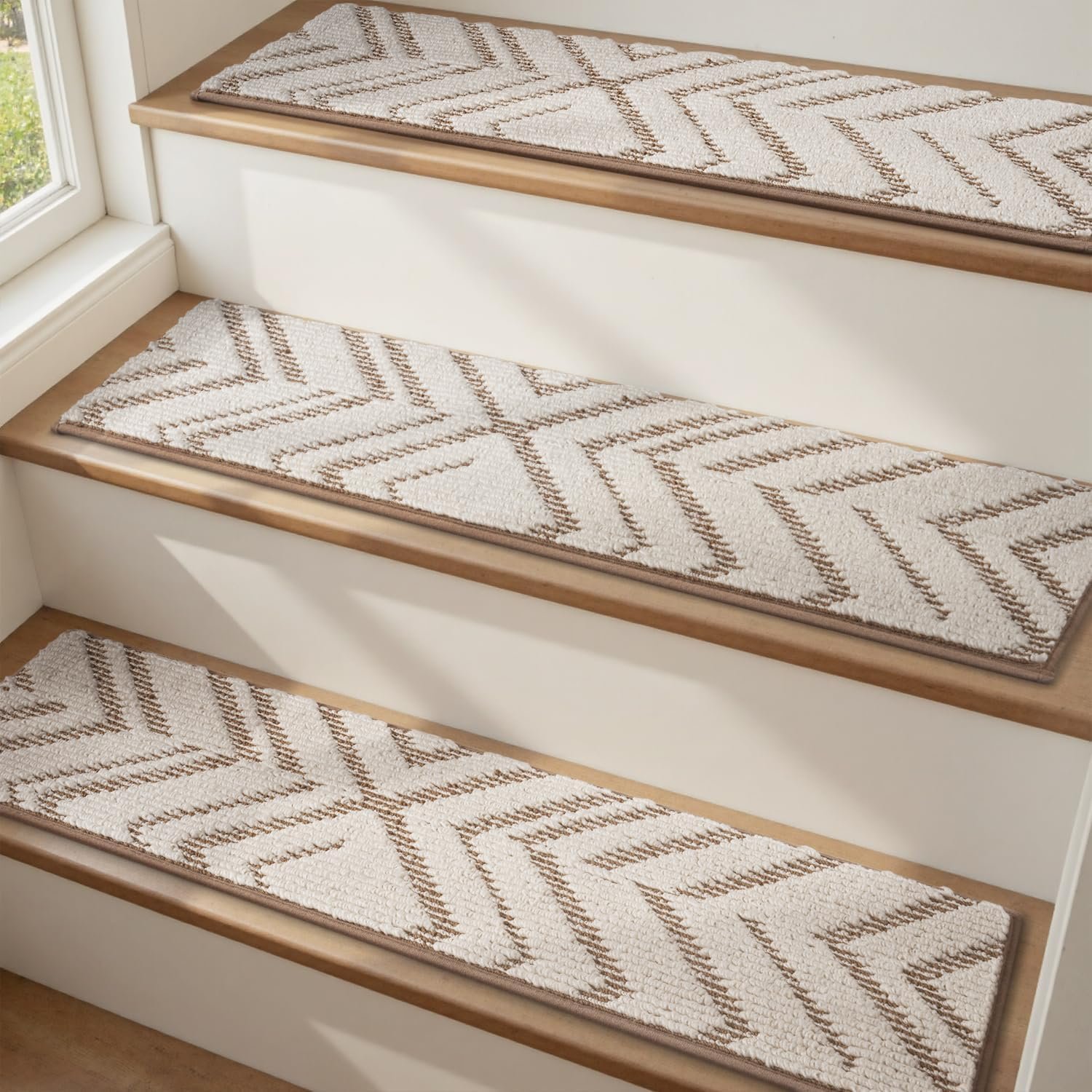 PADOOR Stair Treads Non Slip 15 PCS, 3D Peel and Stick Stair Treads for Wooden Steps Indoor, Residue-Free Adhesive Stair Runner for Kids, Elders & Pets, Washable Carpet for Stairs,8″x30″,Brown