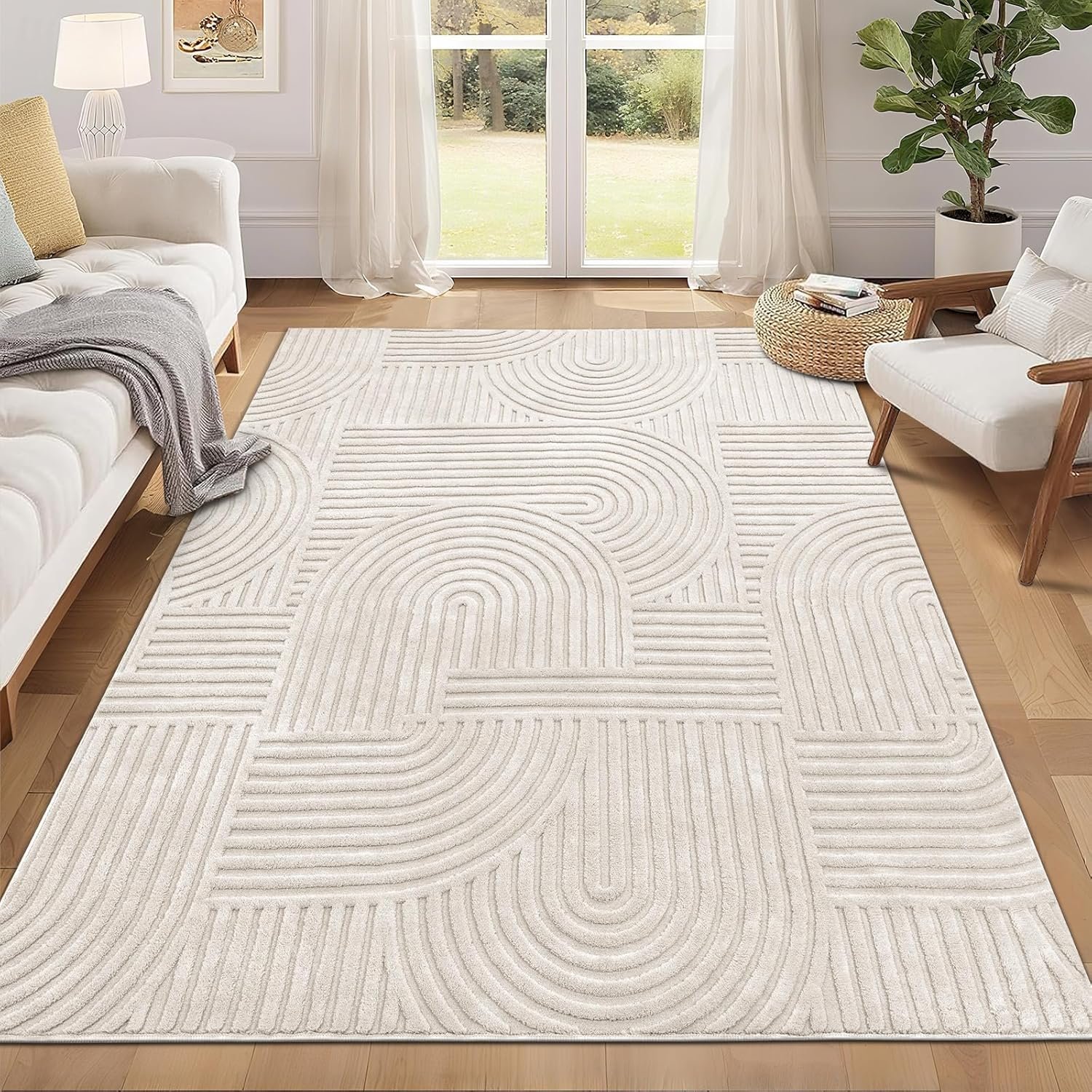 Pauwer 5×7 Area Rugs for Living Room, Modern Non Slip Washable Rug, Beige | Arch Pattern, Soft Fluffy, Neutral, Boho Accent, Solid Color Floor Carpet, For Kids Room Dining Room Nursery Entryway