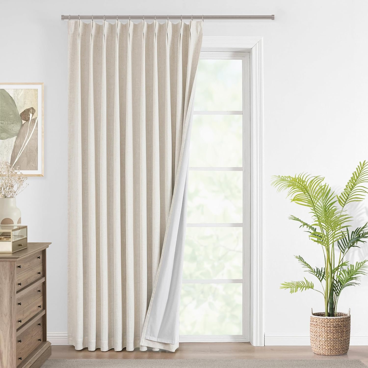 Vision Home Natural Pinch Pleated Full Blackout Curtains Linen Blended Room Darkening Window Curtains 95 inch for Living Room Bedroom Thermal Insulated Pinch Pleat Drapes with Hooks 1 Panel 60″Wx95″L