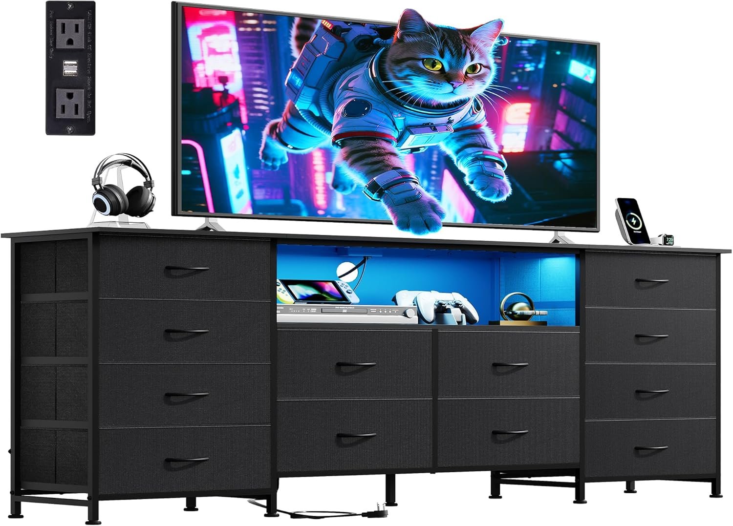 WLIVE LED TV Stand for 75 Inch TV, 12 Fabric Drawers, Black | Fits TVs up to 75 inch, 12 fabric drawers, LED ambient lighting, Built-in power outlet, Open shelf storage