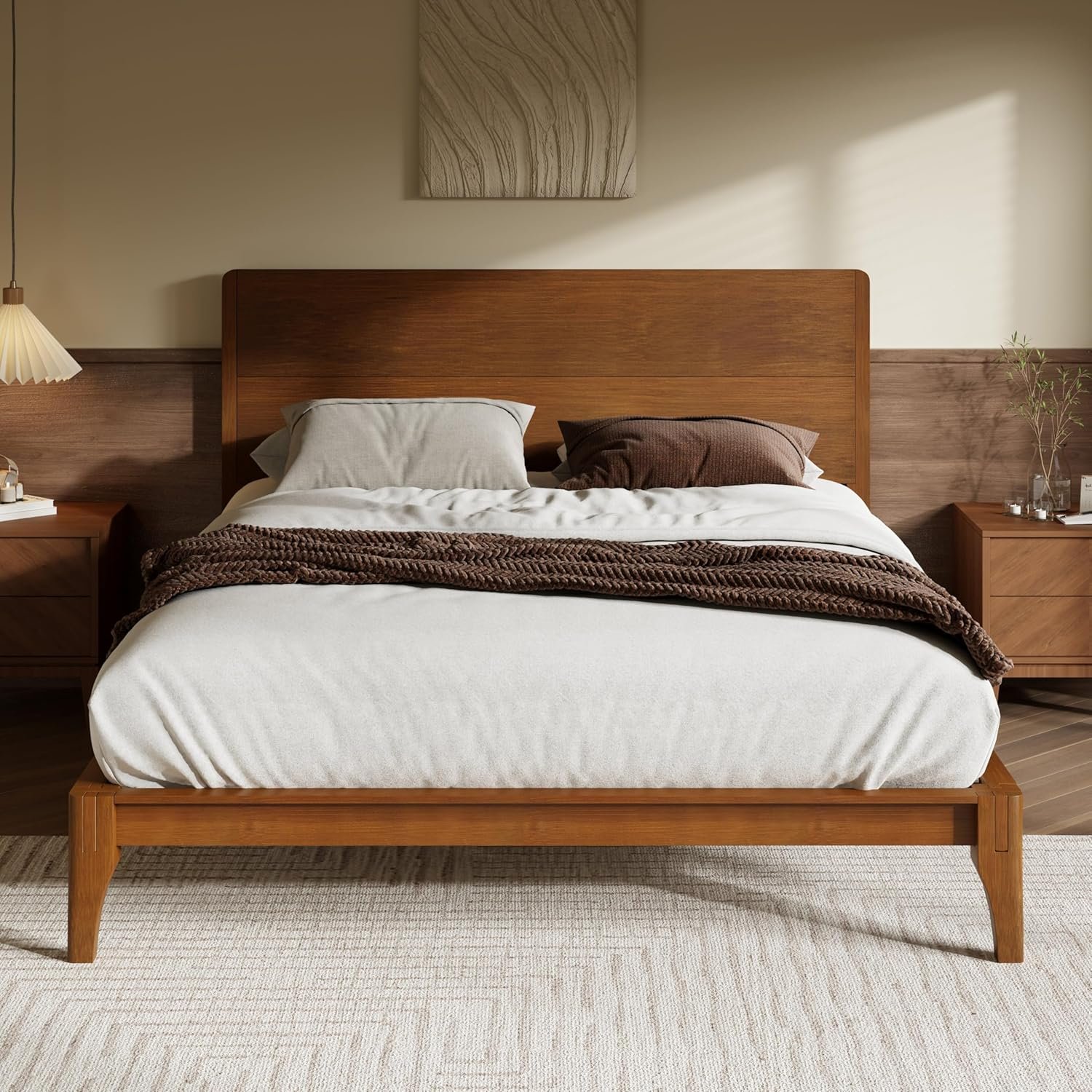 Merax Queen Size Bamboo Platform Bed Frame with Tall Headboard, Brown | Mid-Century Modern Solid Sustainable Bedframe Queen-Size, Wood Slat Support, No Box Spring Needed, Easy Assembly, Noise Free