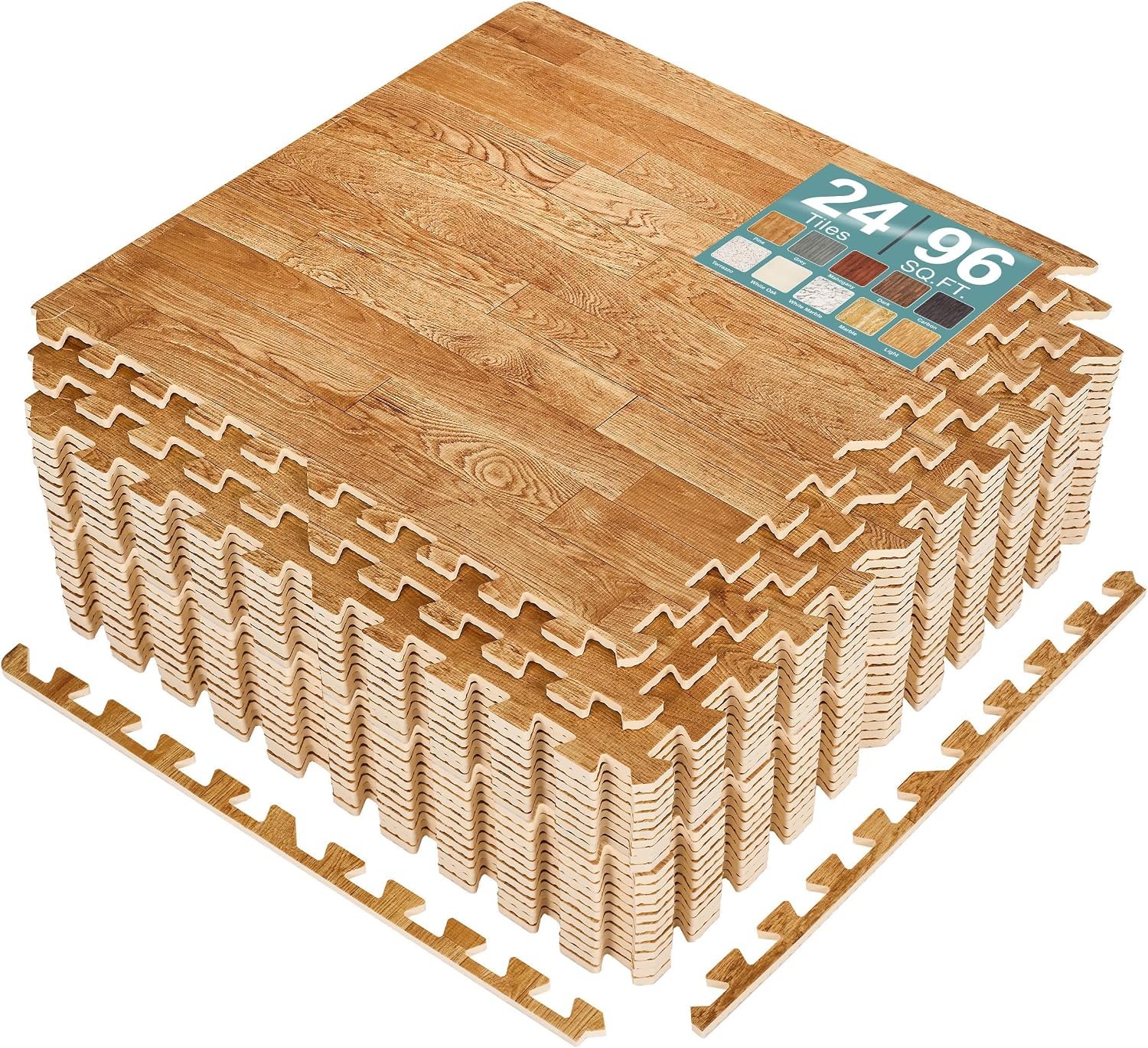 Sorbus Wood Grain Floor Tiles Foam Mat EVA Interlocking Mats Tile 3/8-Inch Thick Flooring Wood Puzzle Exercise Mats w/Borders – Home Playroom Basement, Apartment, Trade Show, Baby, Dance