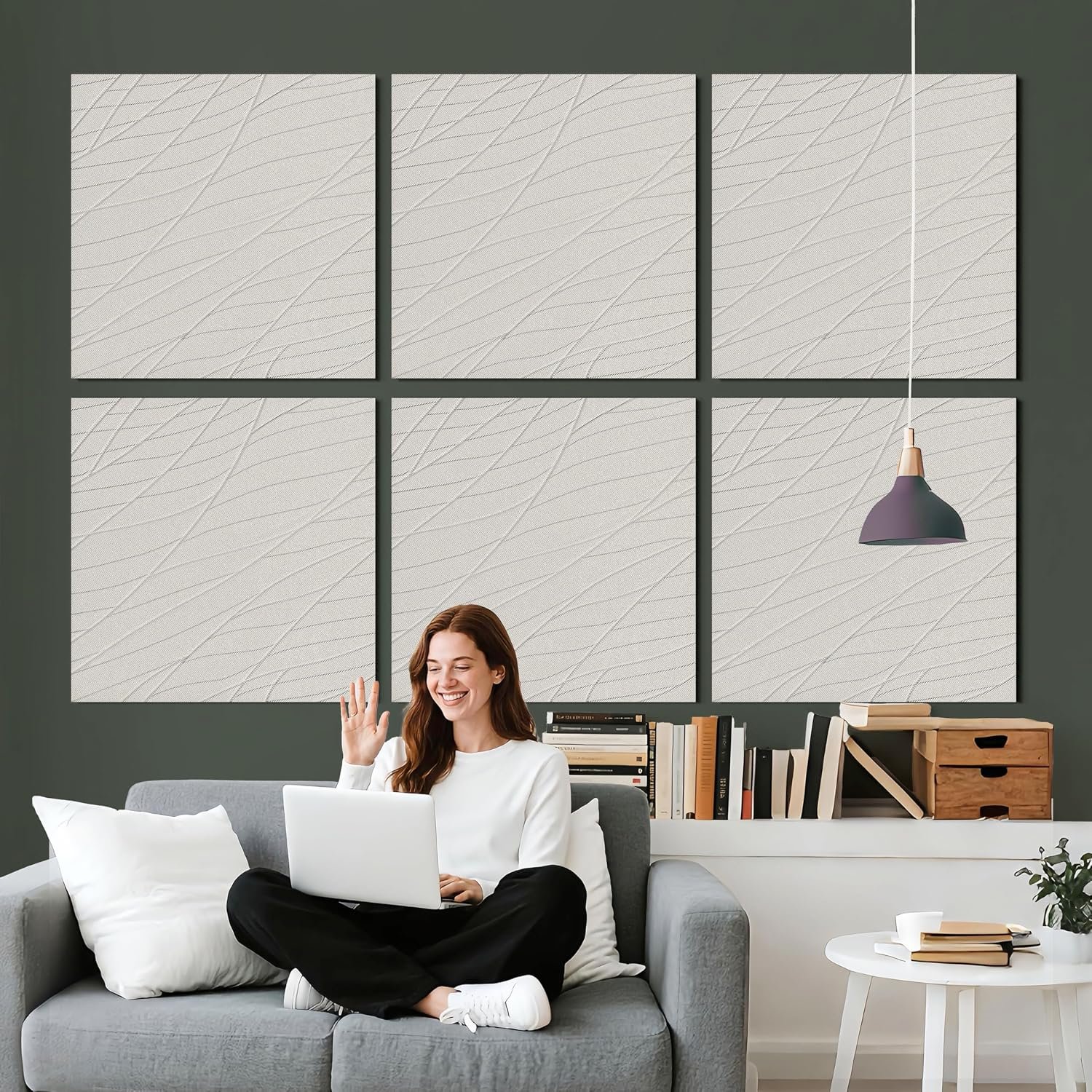 Minimalist Line Acoustic Panels, 23.6 x 23.6 Inch 6 Pack Decorative Sound Absorbing Wall Panels, Acoustic Wall Decor for Echo Reduction in Living Room, Bedroom, Home Office & Apartment