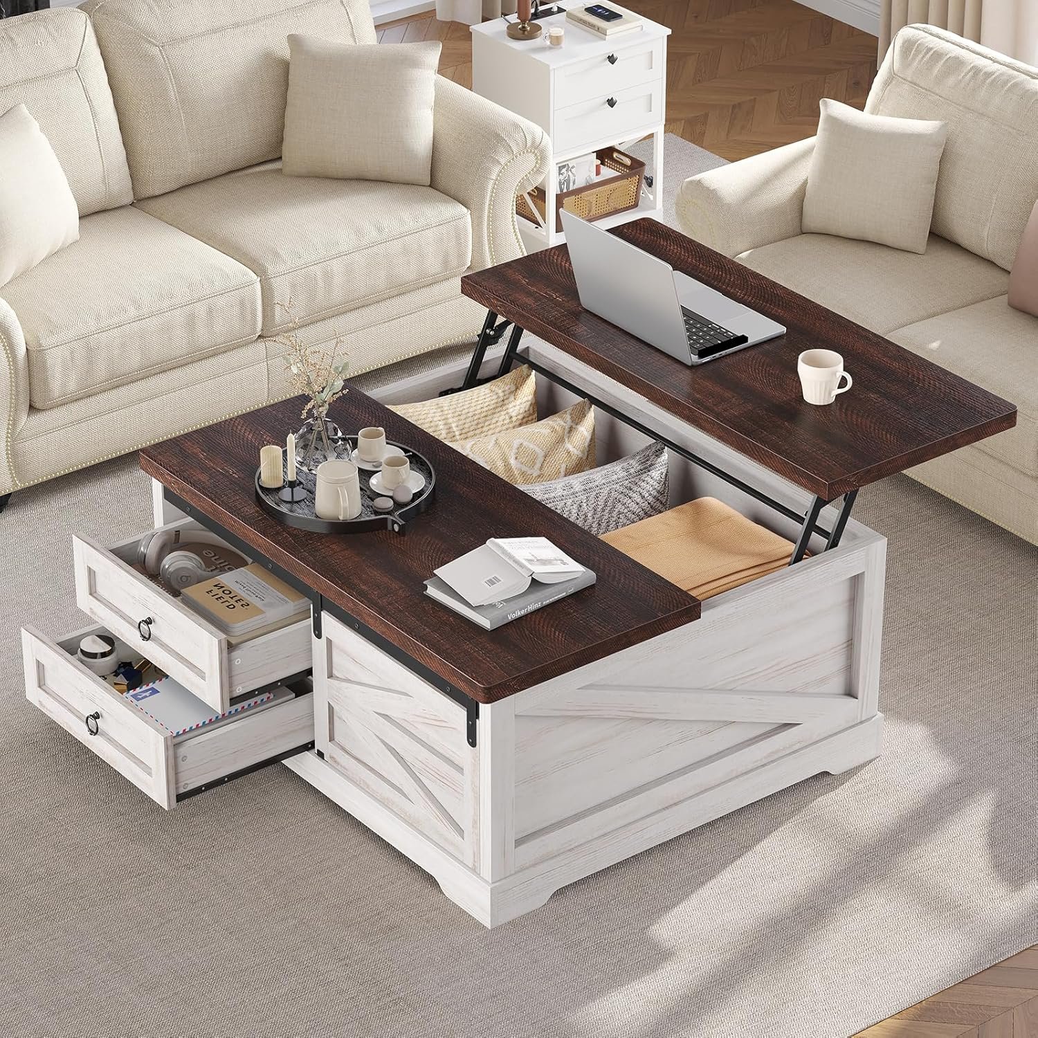 Itaar 39.4” Lift Top Coffee Table with Storage, Farmhouse Coffee Tables for Living Room, Square Coffee Table with Large Hidden Compartment & 2 Drawers & Adjustable Shelves, Vintage White+Walnut