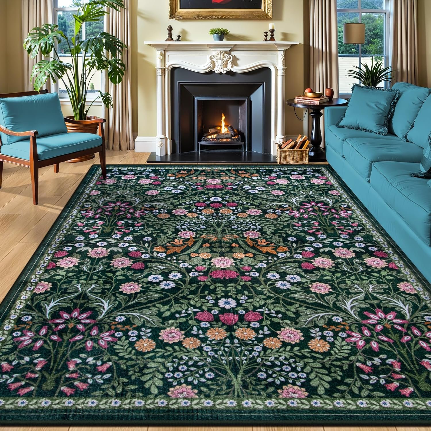 PLHXFR 8×10 Area Rug Living Room: Floral Washable Boho Carpet Dark Green | For Bedroom Dining Room Farmhouse Nursery Hallway,Vintage Floral,Machine washable,Non Slip,Stain Resistant,Large Indoor
