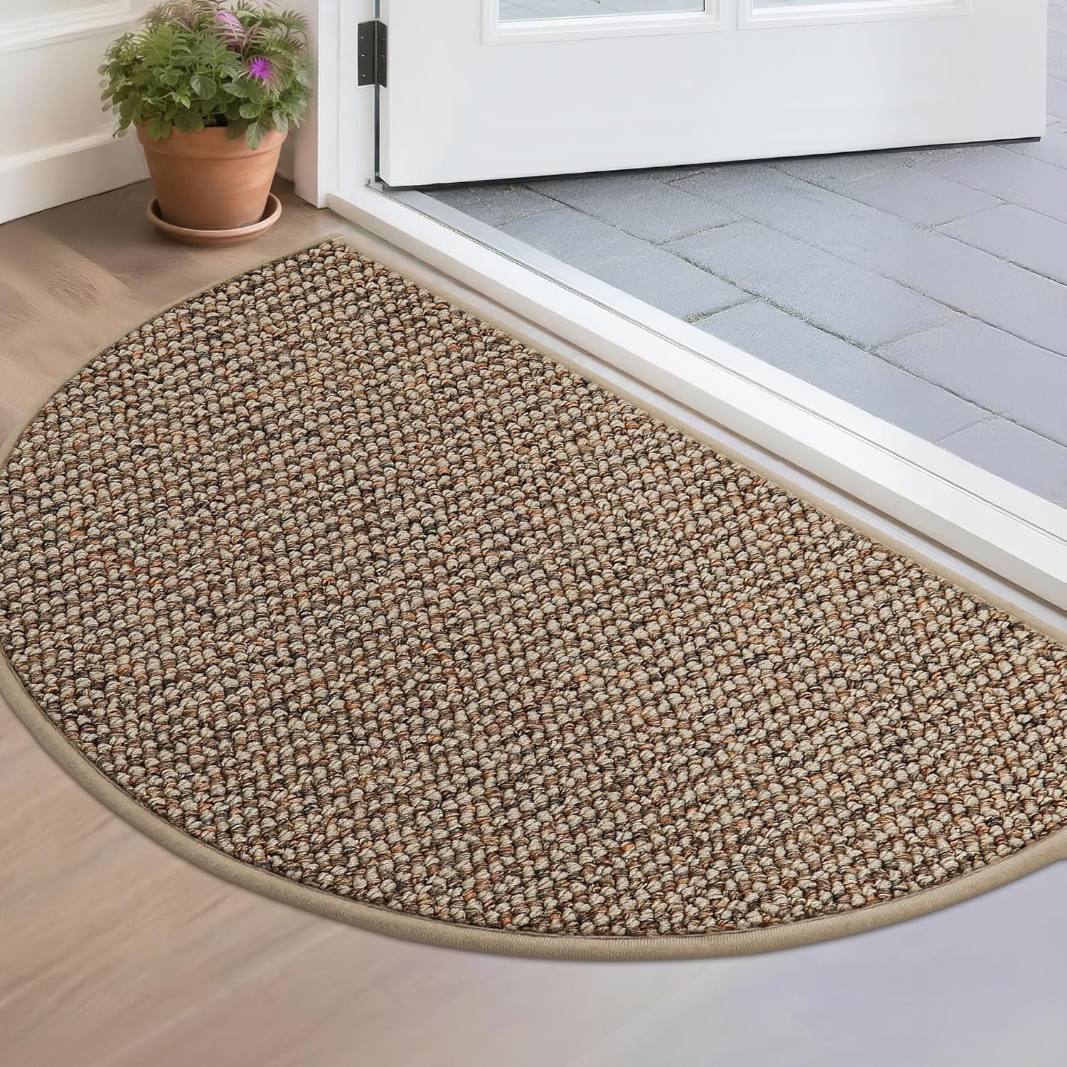 BEQHAUSE Dirt Trapper Door Mat 17″ x 30″ Half Circle Non Slip Rugs, Taupe | Washable Indoor Door Mat, Absorbent Doormats Entrance, Low Profile Welcome Floor Mat for Front Back Door, Small Rugs Entryway