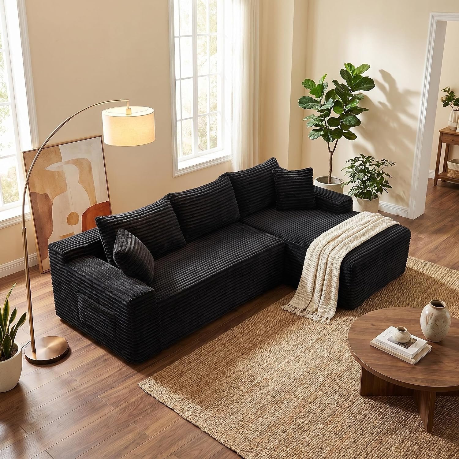 95″ L-Shaped Cloud Sectional Couch, Right Facing Modular Compressed Boneless Sectional Sofa with Chaise Lounge, Plush Corduroy Boneless Corner Sofa for Living Room