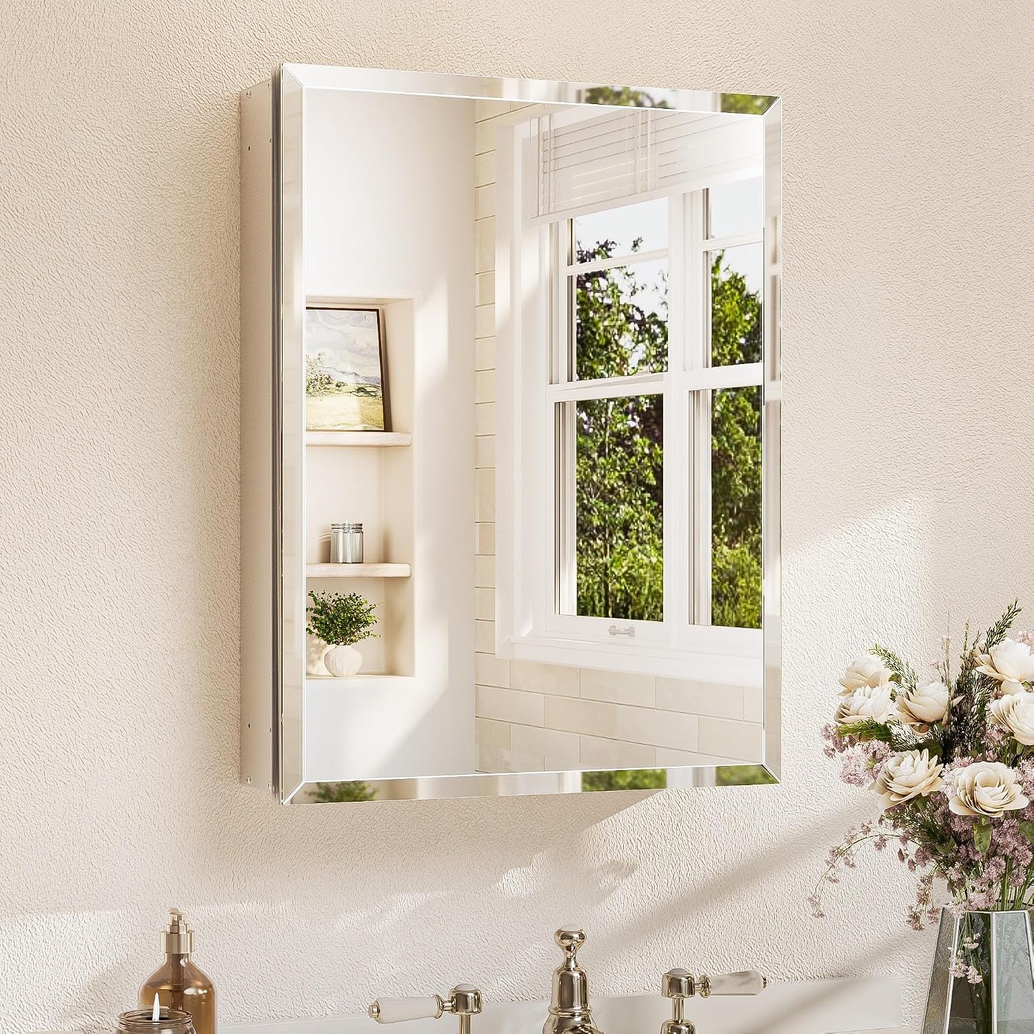 TETOTE 20 x 26 Bathroom Mirror with Storage with Tempered Beveled Mirror Silver Medicine Cabinet Aluminum Cabinet DTC Hinges, Stepless Adjustable Shelves, Recessed/Surface-Mounted