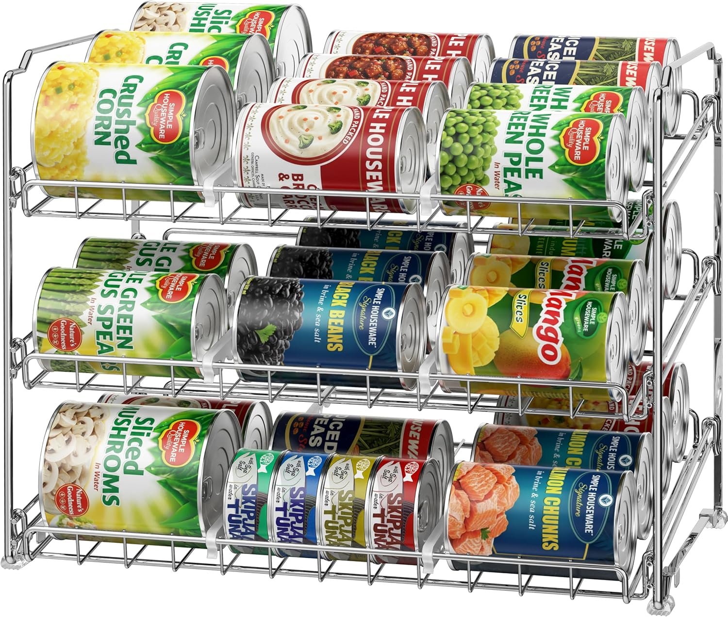 Simple Houseware 3-Tier Stackable Can Organizer Rack Hold 36 Cans, Chrome | Can Food Storage Dispenser for Pantry/Cabinet, Adjustable Dividers – 11.5″ D x 17″ W x 13.75″ H