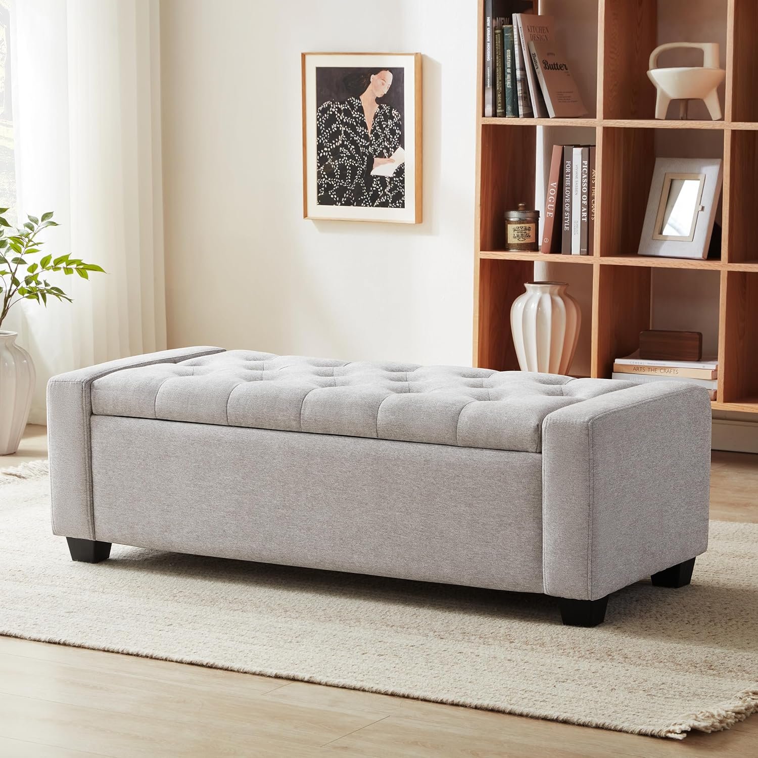 Huatean Home 48″ Ottoman with Storage, Light Gray Storage Ottoman Bench | Upholstered Entryway Bench with Seating for Bedroom, Living Room, with Safety Hinge, Holds up to 330 lb