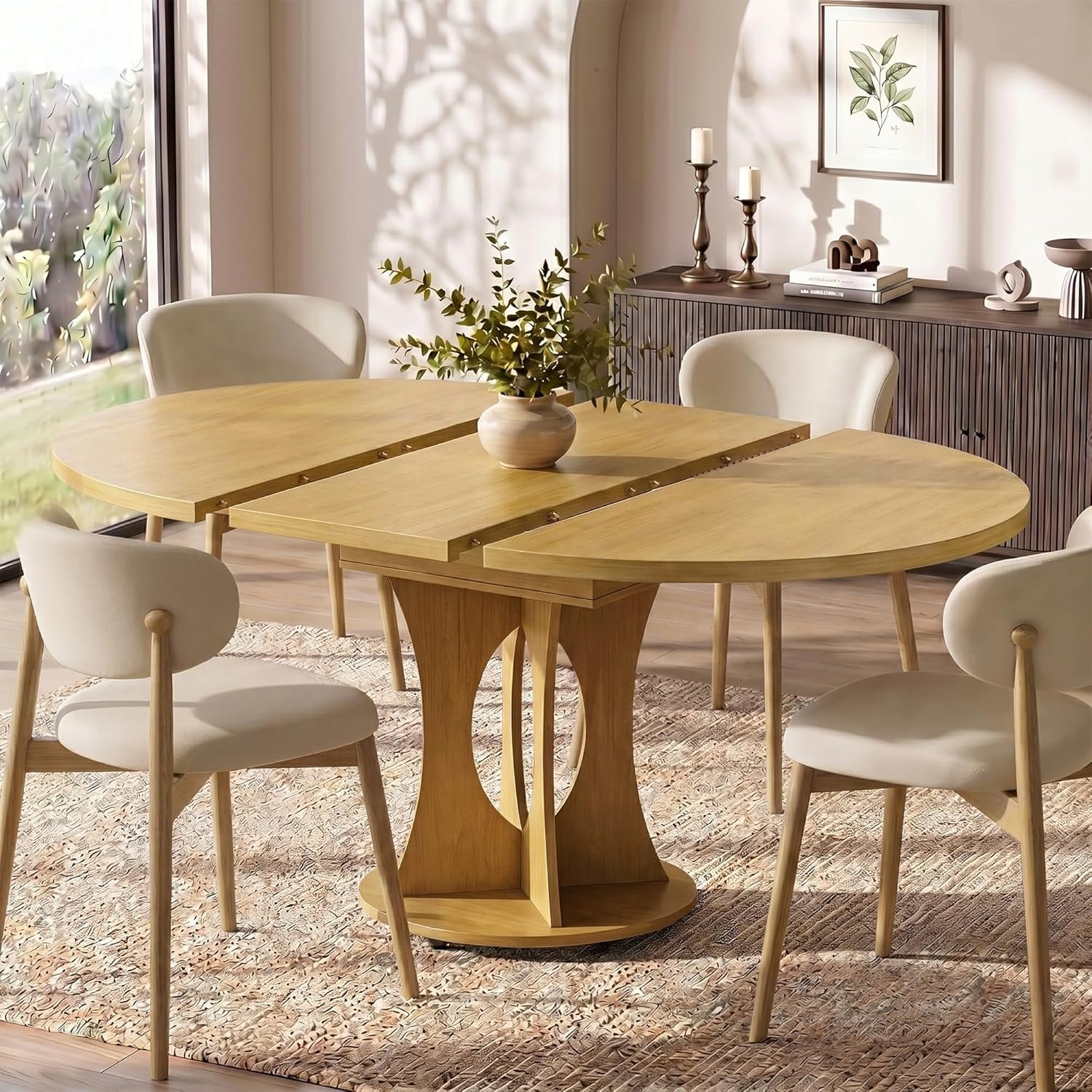 Einhomn 43-59″ Extendable Round Dining Table, Kitchen Table for 4-8, Farmhouse Circle Dining Room Table with Removable Leaves,Hidden Storage, Space Saving Wood Kitchen & Dining Room Furniture, Oak