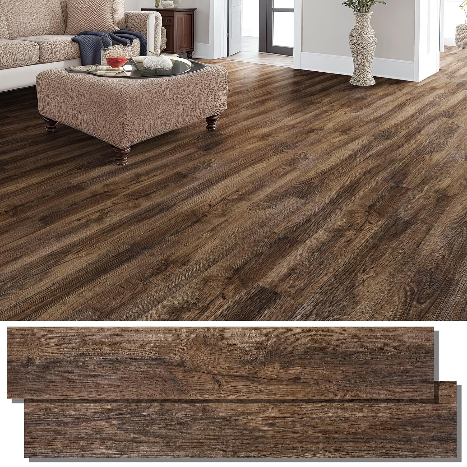 INMOZATA 36 Pack Peel and Stick Floor Tile Waterproof Vinyl Plank Flooring | 54 Sq.Ft, Heat-resistant, Wood Grain Self Adhesive Flooring for DIY Bedroom Living Room Bathroom Kitchen (Smoked Brown)