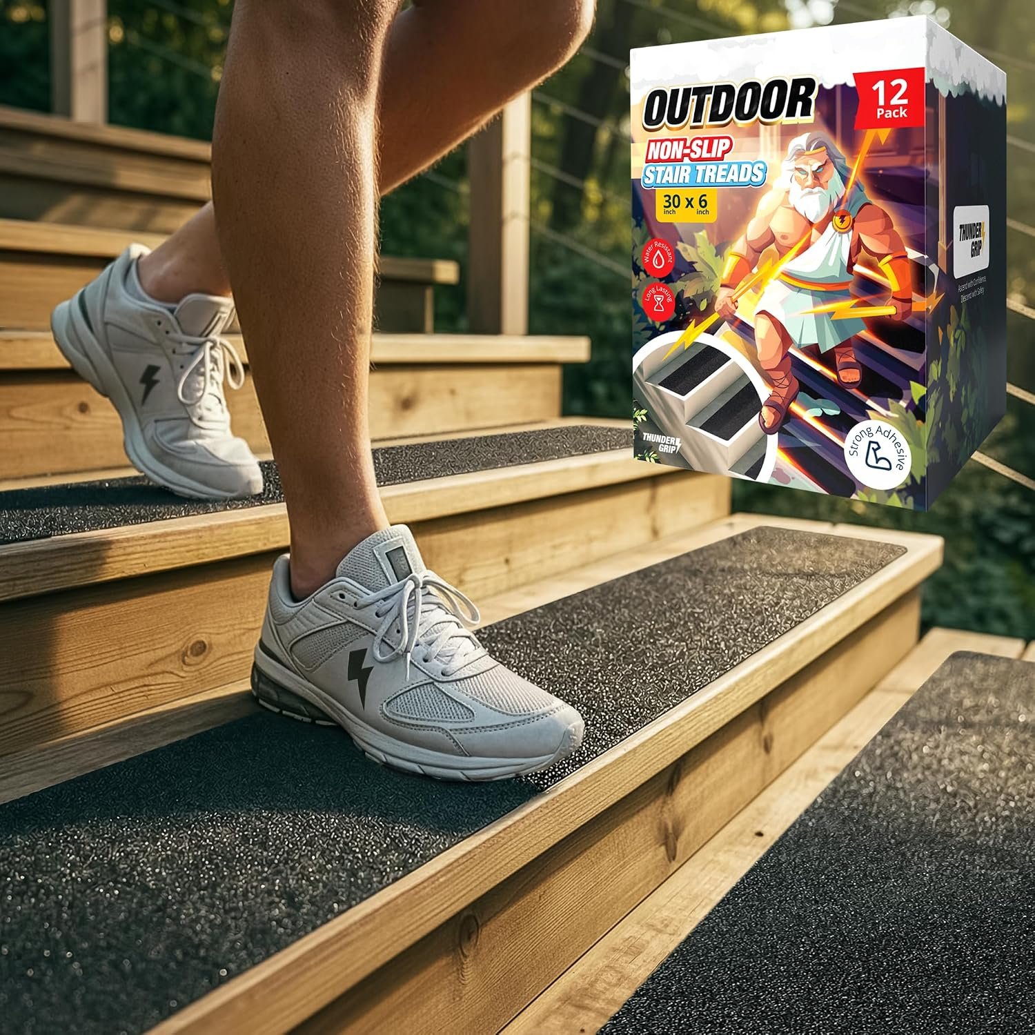 Outdoor Stair Treads Non-Slip 30″ x 6″ 12-Pack Waterproof 80-Grit Grip Tape | Weather Resistant Exterior Grip Tape for Wooden Steps, Non Slip Stair Treads for Outdoor, Anti Skid Strips by Thunder Grip