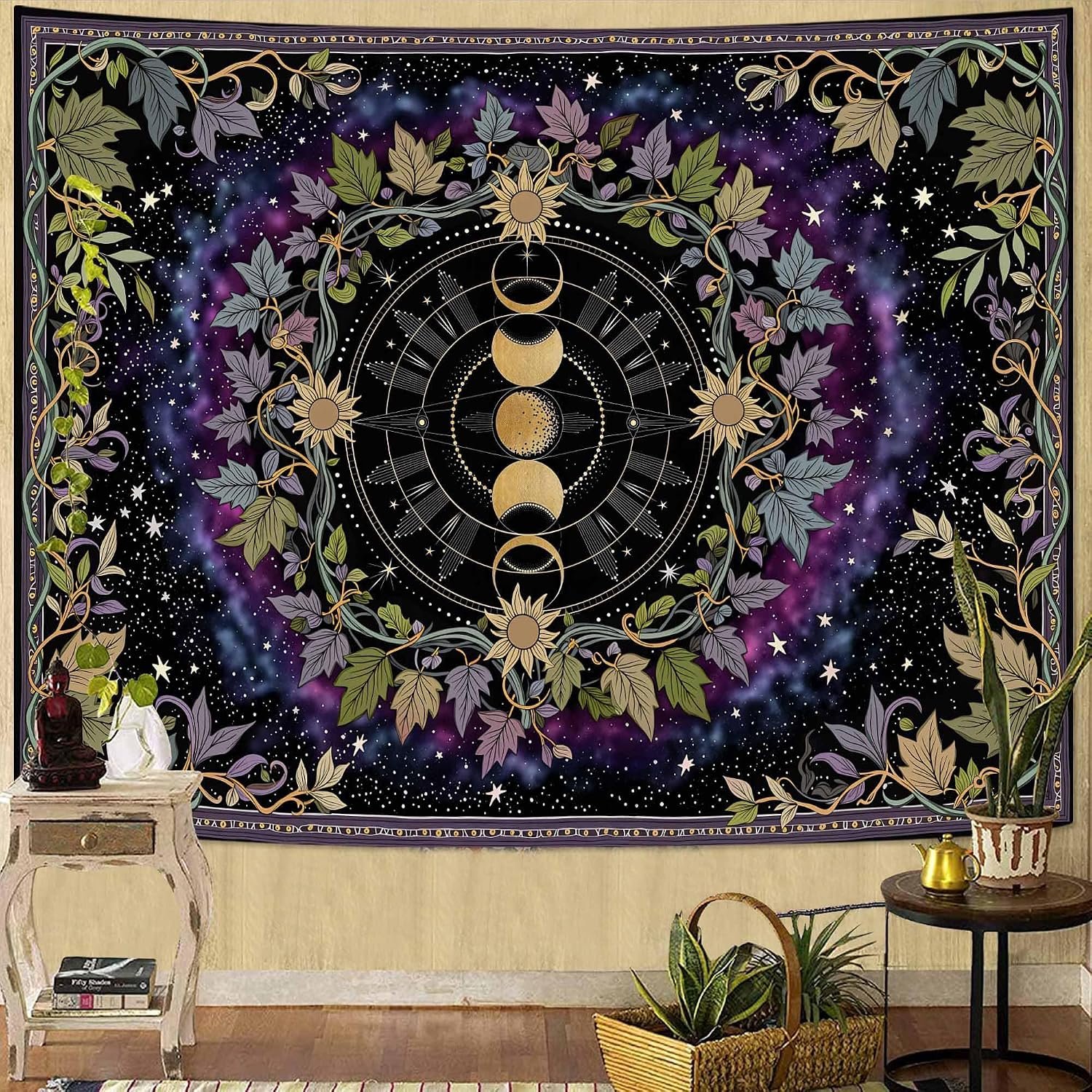 Faxdong Boho Moon Phase Tapestry, Aesthetic Celestial Zodiac Tapestries, Starry Nebula and Vine Mystic Decor for Bedroom Living Room Space