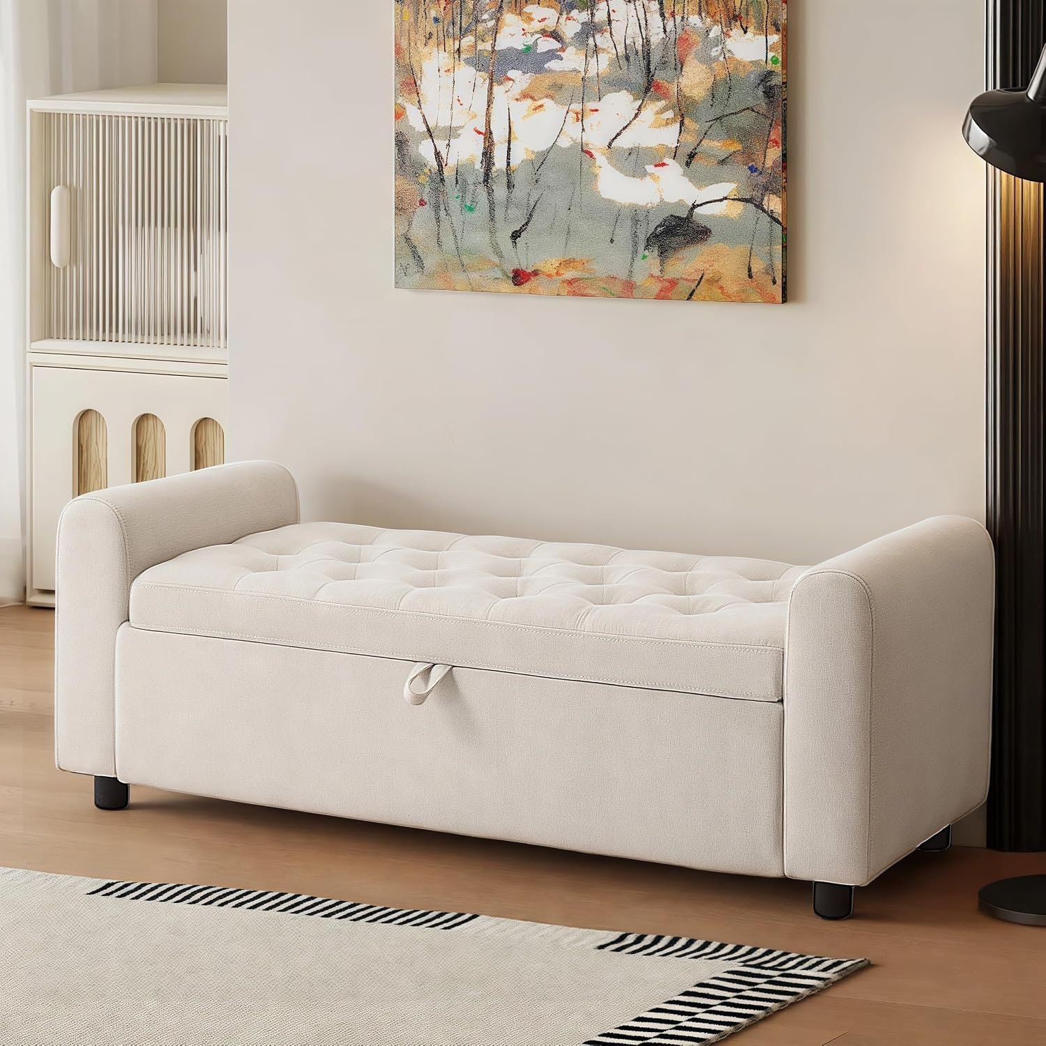 48″ Ottoman with Storage, Tufted Storage Ottoman Bench, Convenient Living Room Fabrics Bench Seat, Entryway Shoe Benches with Inner Zipper & Arm, Rivetless Upholstered Window Seat Ottomans, Beige