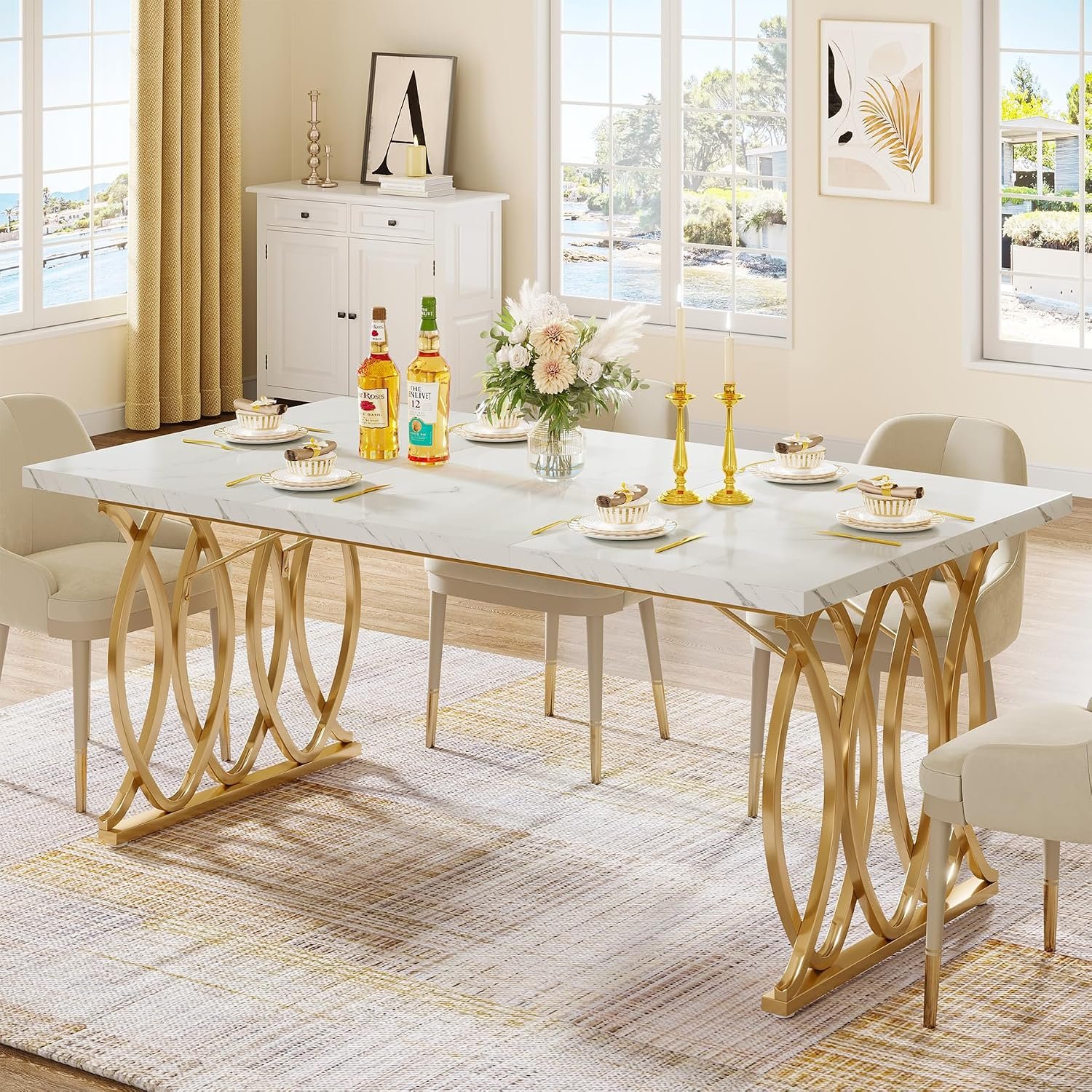 Tribesigns 63″ Dining Table for 4 to 6, White and Gold Kitchen Table | Modern Large Rectangular Dinner Table Kitchen & Dining Room Furniture with Faux Marble Tabletop and Geometric Legs