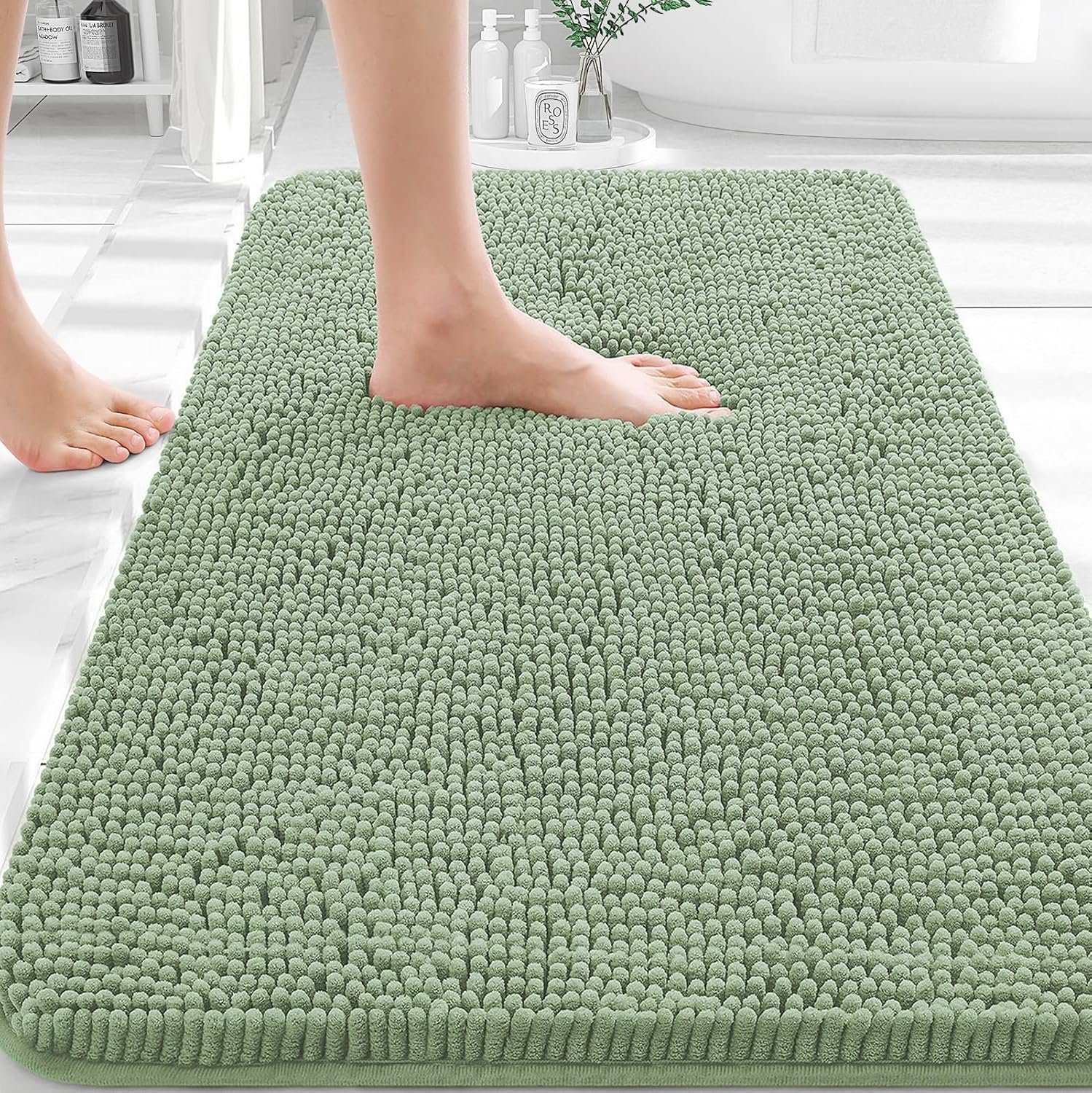 OLANLY Bathroom Rugs 30×20, Extra Soft Absorbent Chenille Bath Rugs | Sage Green, Quick-Drying Rubber Backing, Machine Washable Bath Mat for Bathroom Floor, Tub and Shower, Home Decor Accessories
