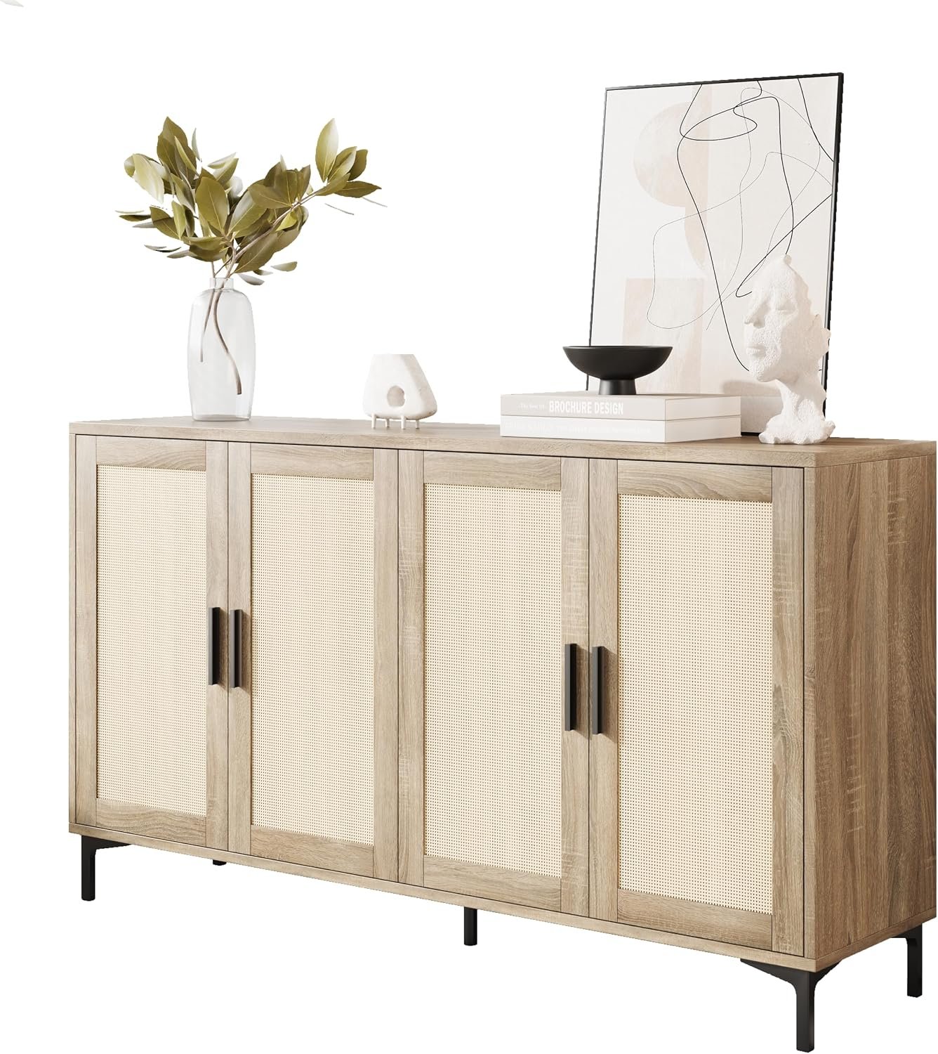 JASIWAY Buffet Cabinet with Storage, 48″ Rattan Coffee Bar Cabinet Station | Accent Sideboard with Adjustable Shelves, Credenza for Dining Room, Kitchen, Living Room, Entryway, Anti-Tip, Wood